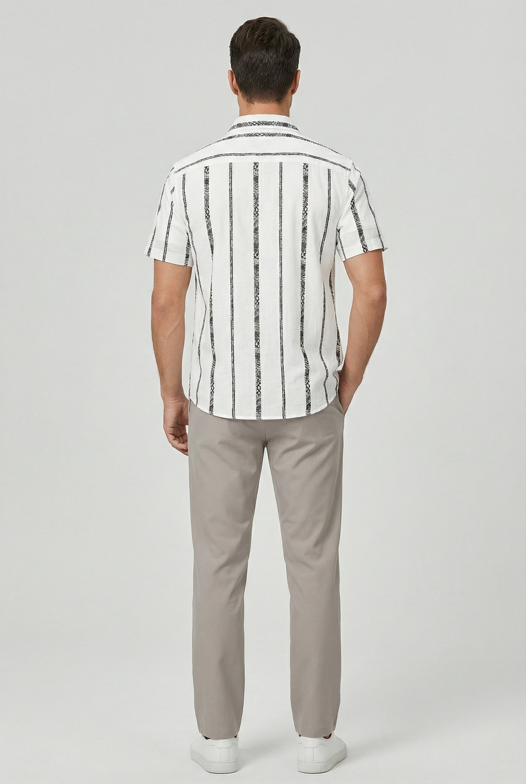 Camisa Hombre Algodón Rayas Verticales Ajuste Relajado Manga Corta 3