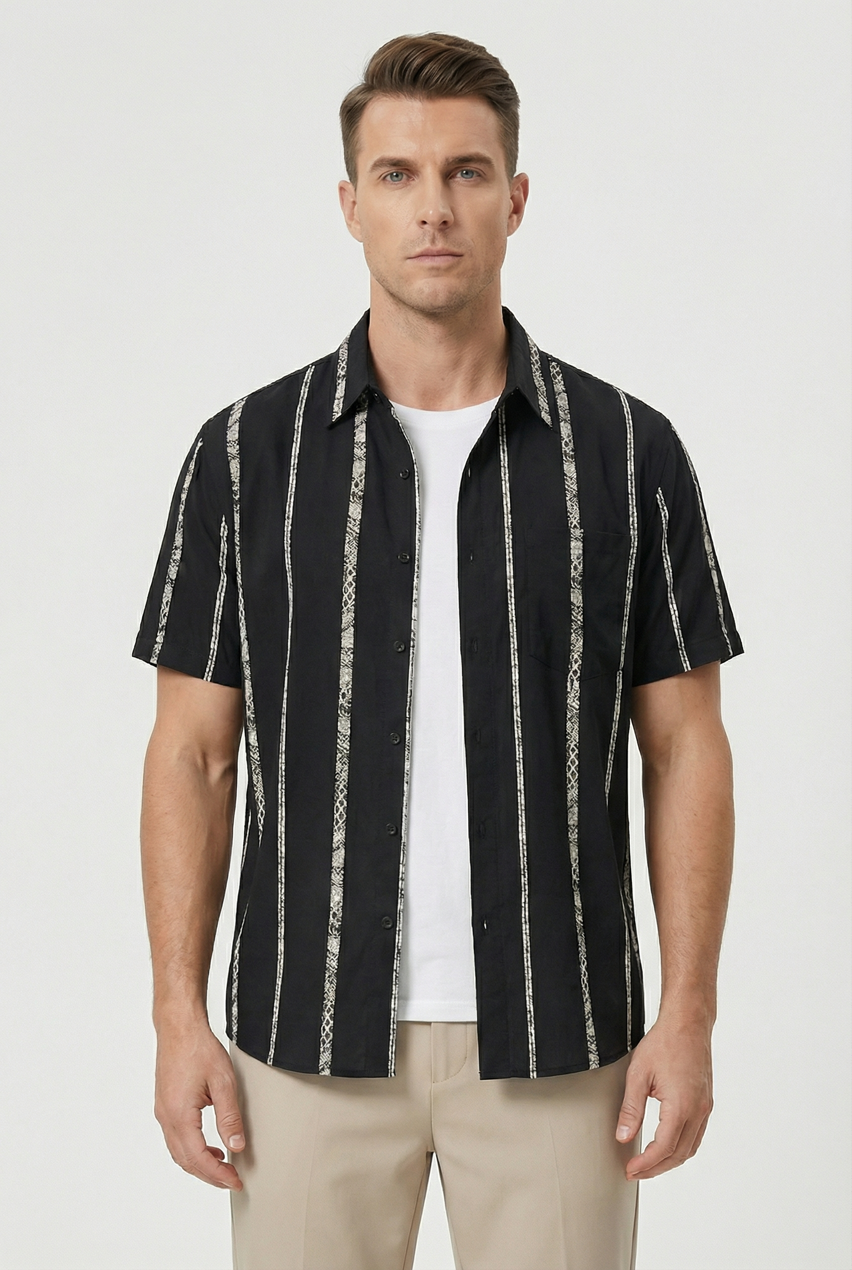 Camisa Hombre Algodón Rayas Verticales Ajuste Relajado Manga Corta 4