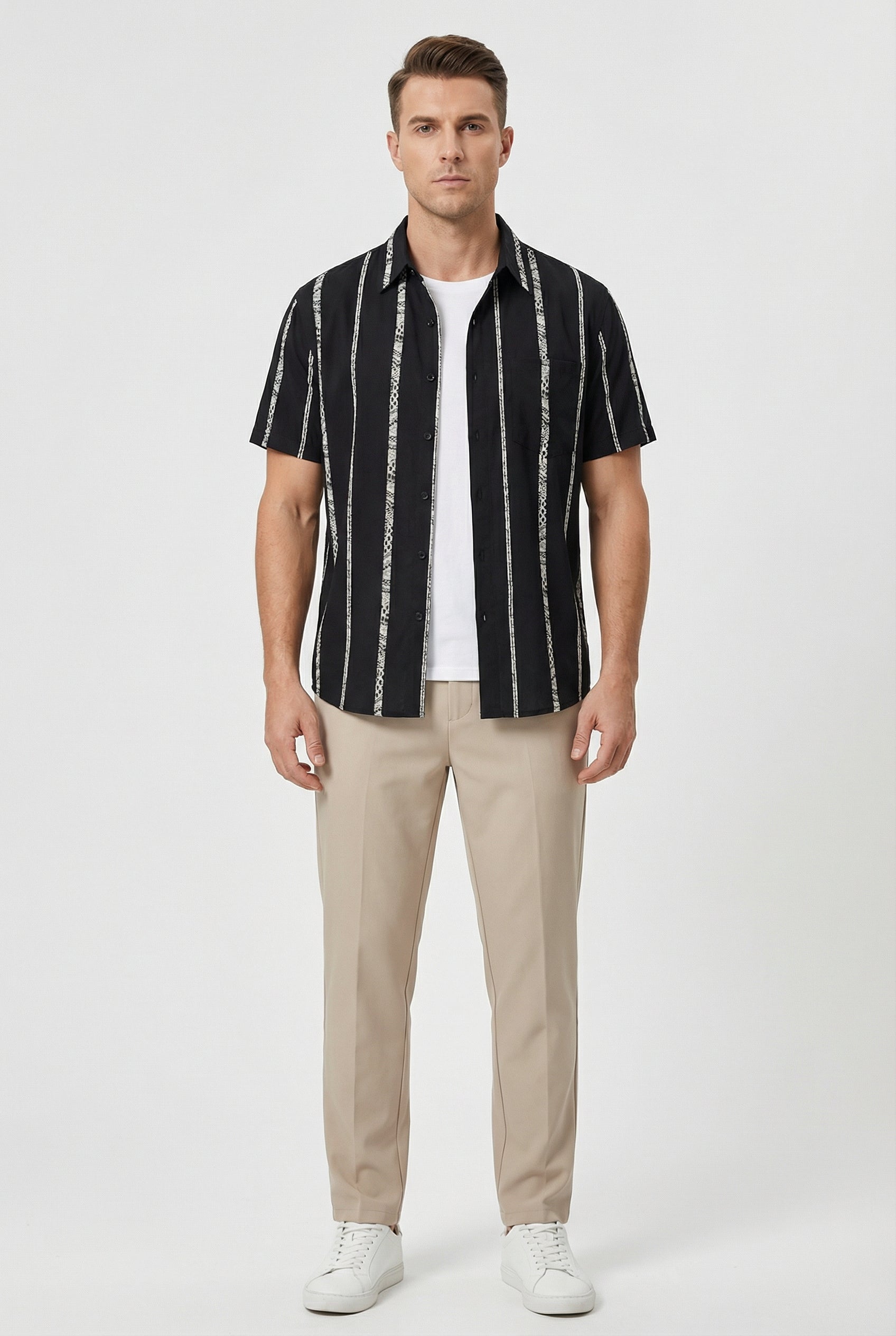 Camisa Hombre Algodón Rayas Verticales Ajuste Relajado Manga Corta 6