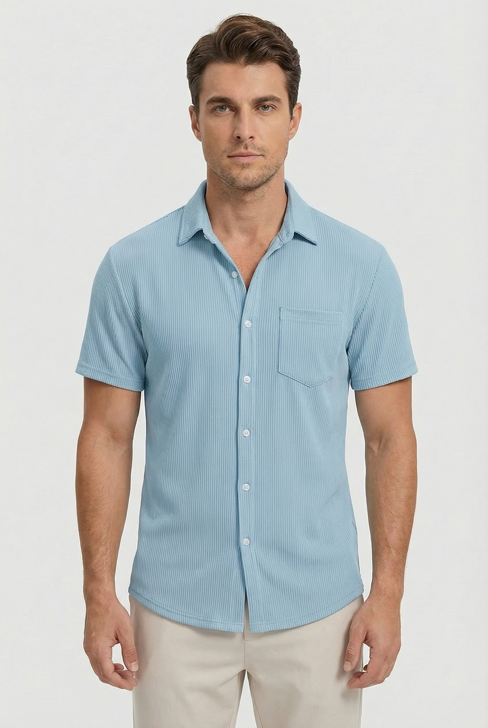 Camisa Hombre Corto Poliéster Ligero Rayas Verticales Casual 0