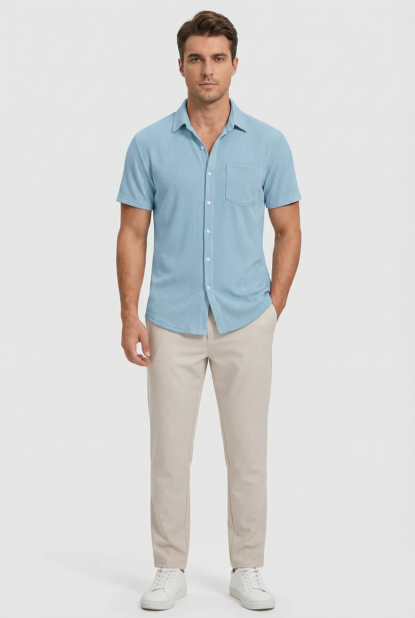 Camisa Hombre Corto Poliéster Ligero Rayas Verticales Casual 2