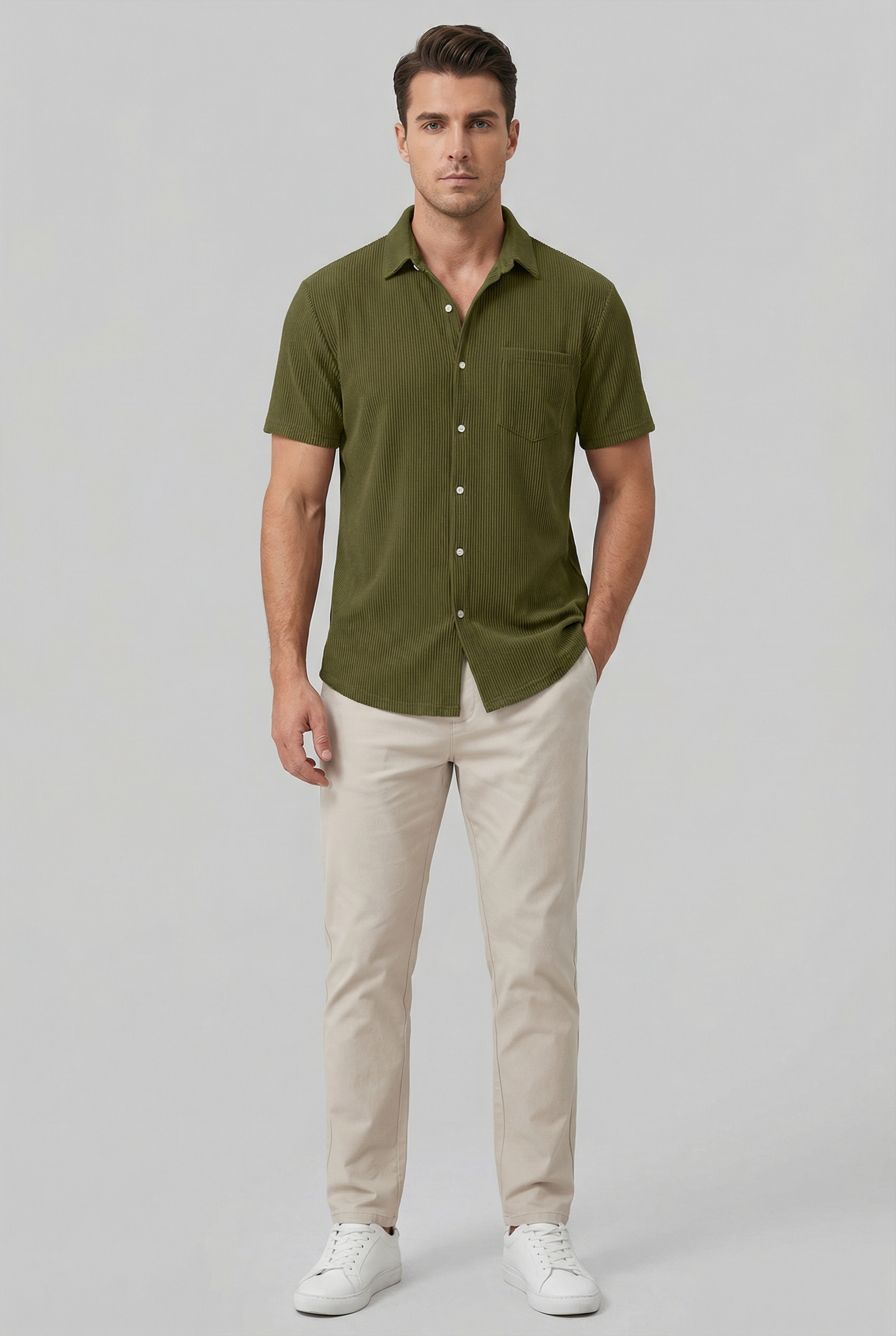 Camisa Hombre Corto Poliéster Ligero Rayas Verticales Casual 5