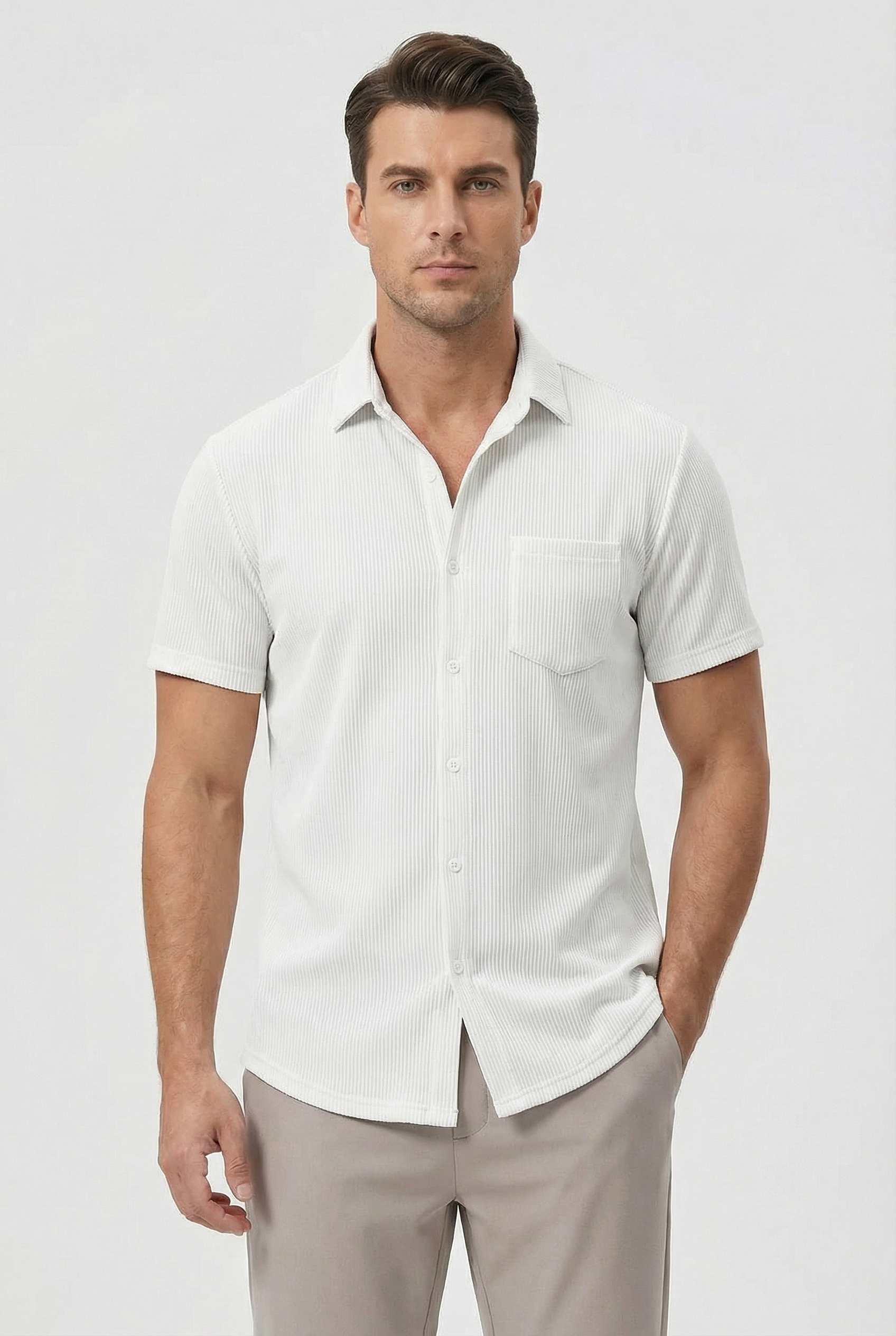 Camisa Hombre Corto Poliéster Ligero Rayas Verticales Casual 6