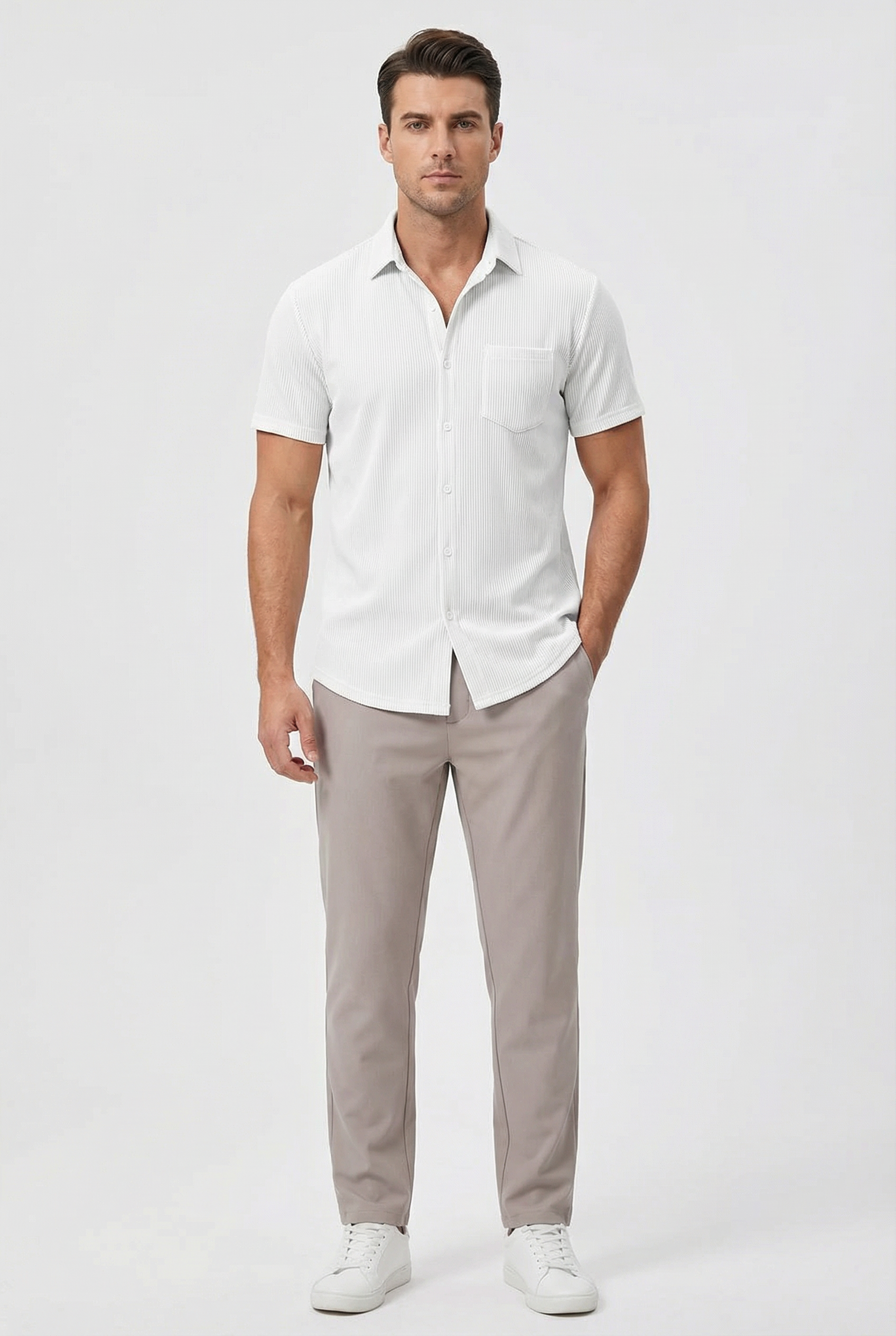 Camisa Hombre Corto Poliéster Ligero Rayas Verticales Casual 7