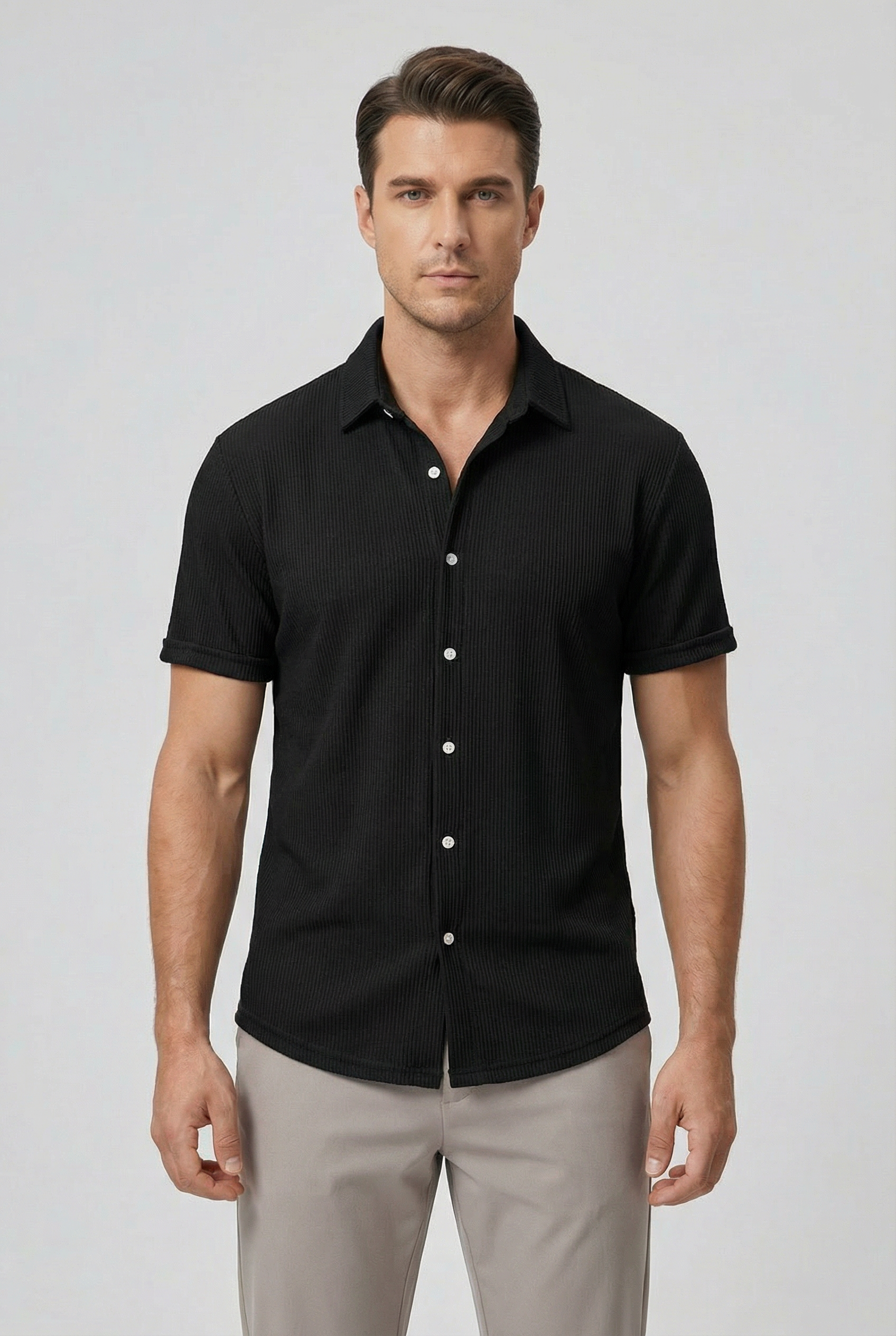 Camisa Hombre Corto Poliéster Ligero Rayas Verticales Casual 9