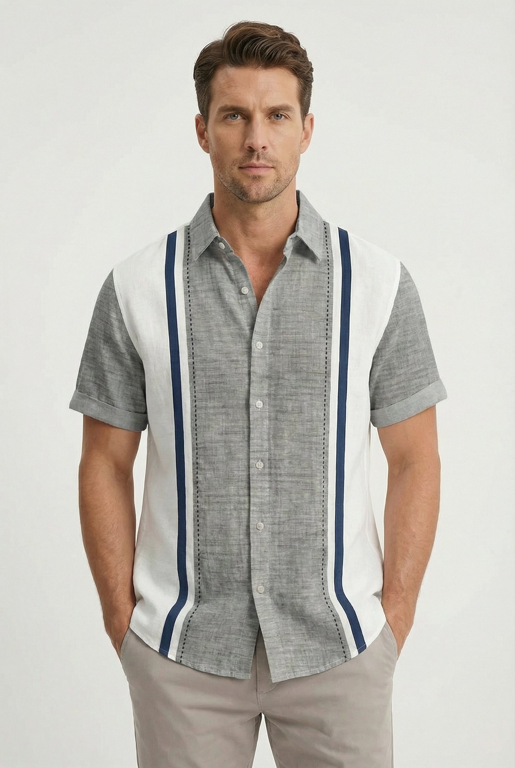Camisa Hombre Estampado a Cuadros Tela Cómoda Manga Corta Casual 4