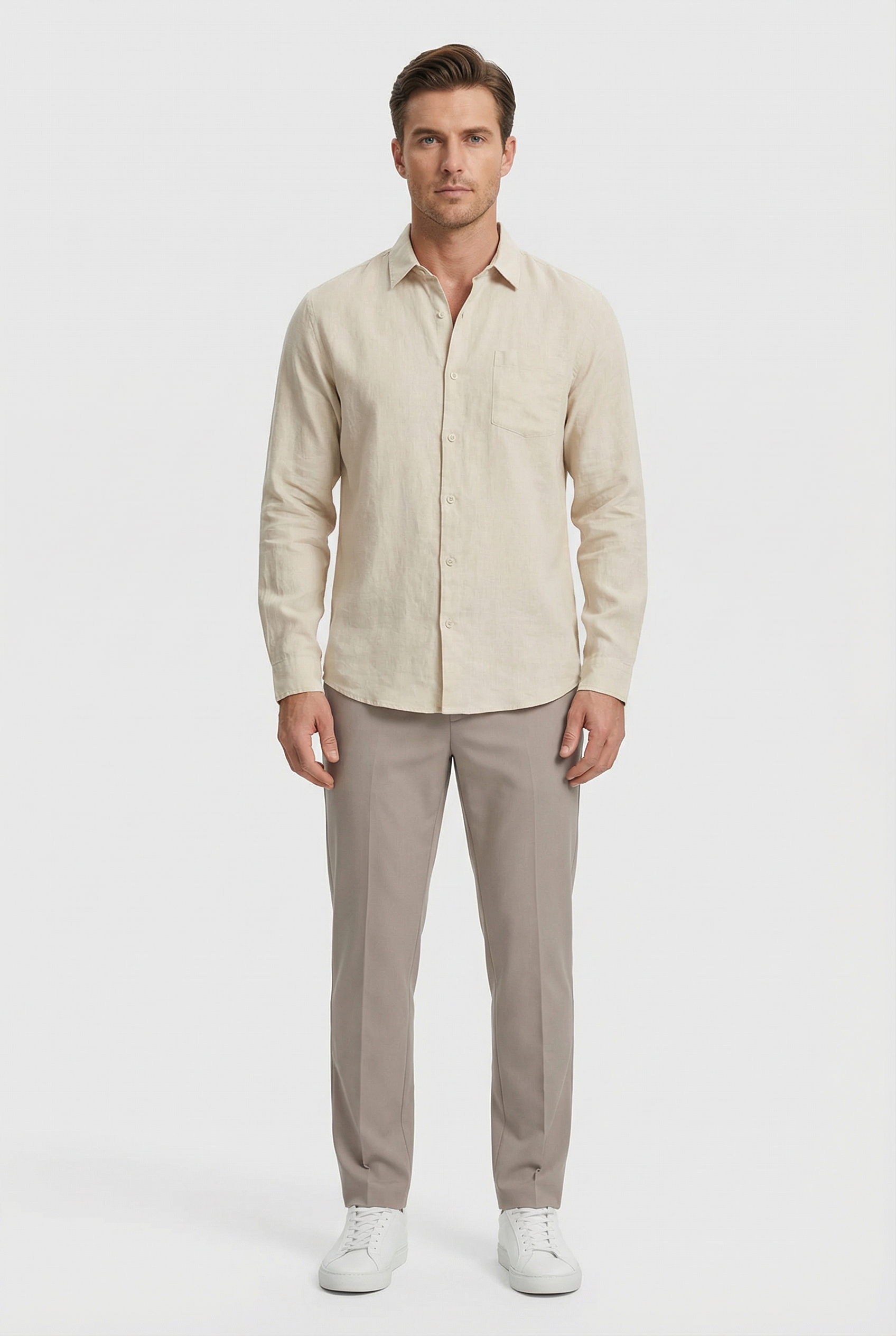 Camisa Hombre Lino 100% Ligera Manga Larga Ajuste Relajado Con Bolsillo 2
