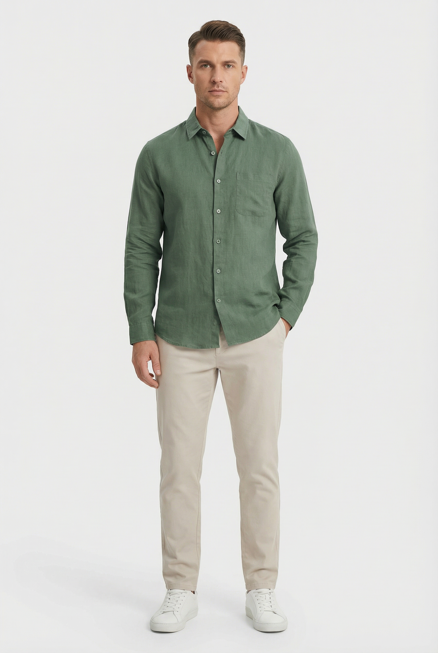 Camisa Hombre Lino 100% Ligera Manga Larga Ajuste Relajado Con Bolsillo 5