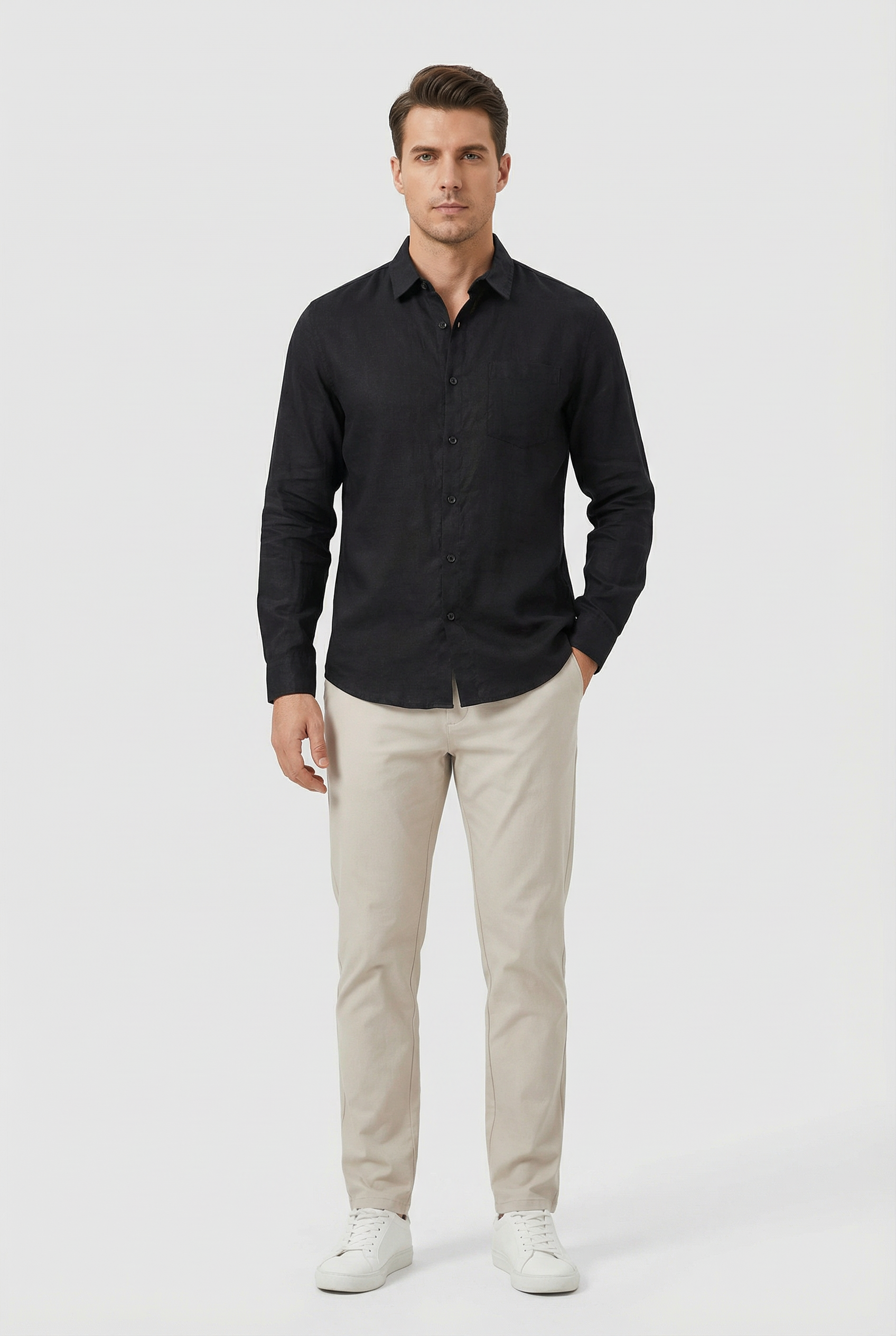 Camisa Hombre Lino 100% Ligera Manga Larga Ajuste Relajado Con Bolsillo 7