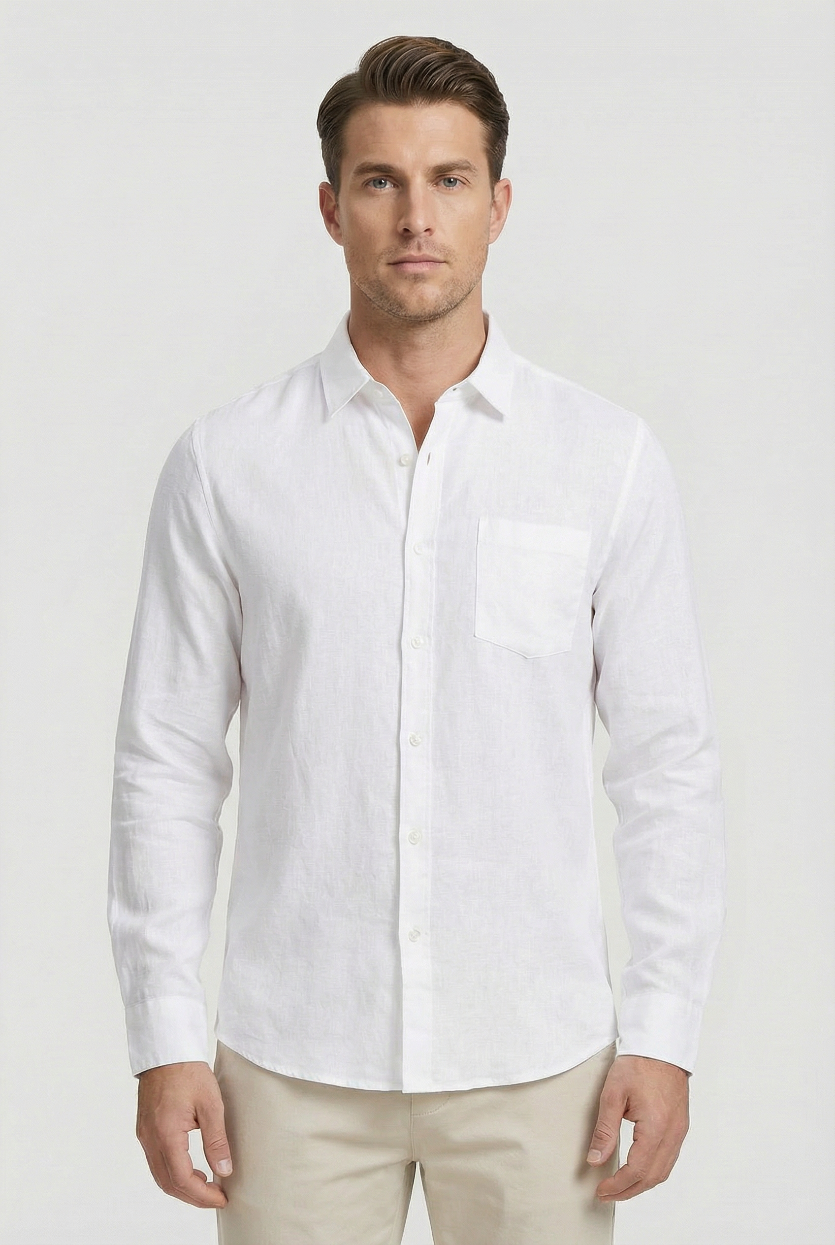 Camisa Hombre Lino 100% Ligera Manga Larga Ajuste Relajado Con Bolsillo 8