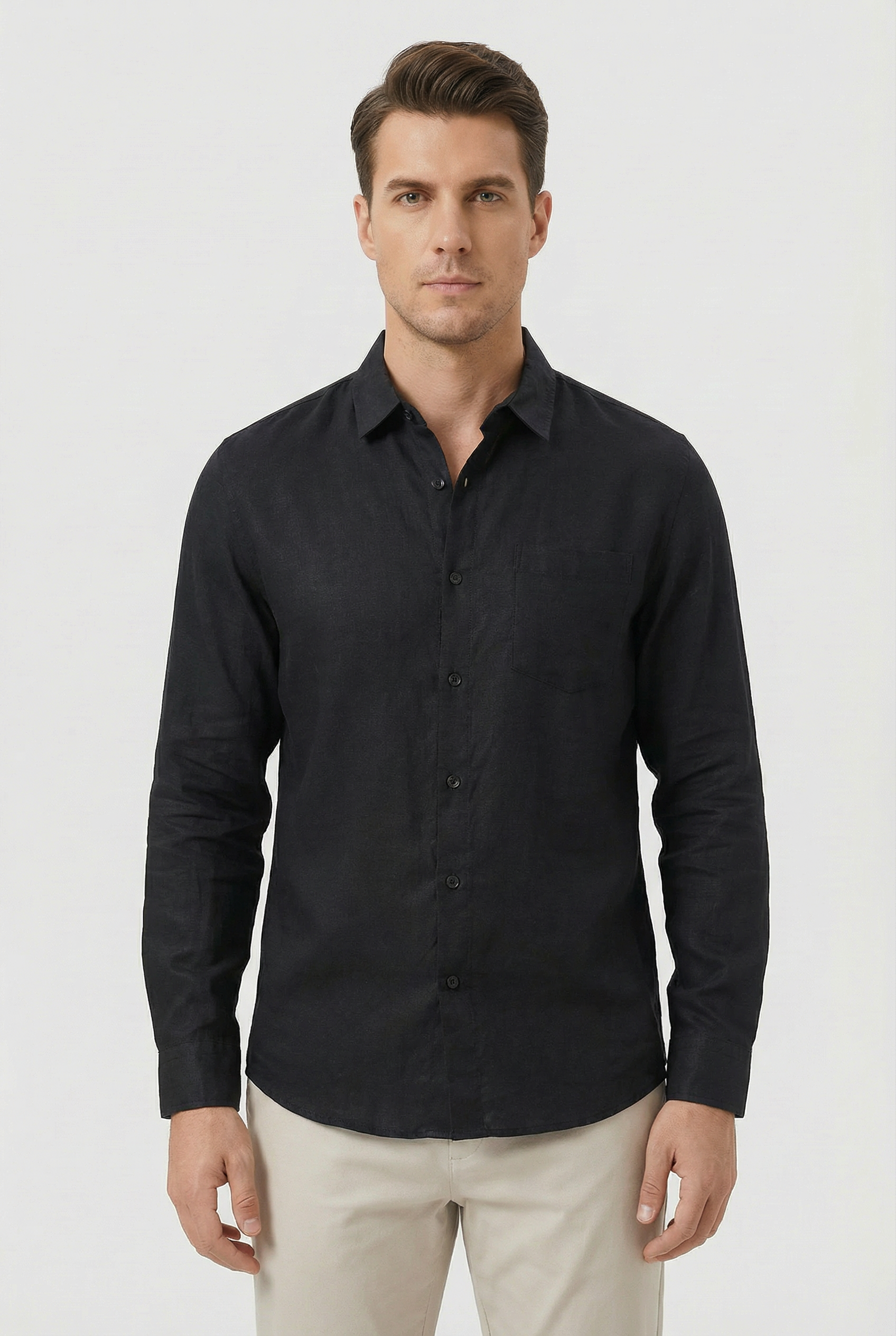 Camisa Hombre Lino 100% Ligera Manga Larga Ajuste Relajado Con Bolsillo 9