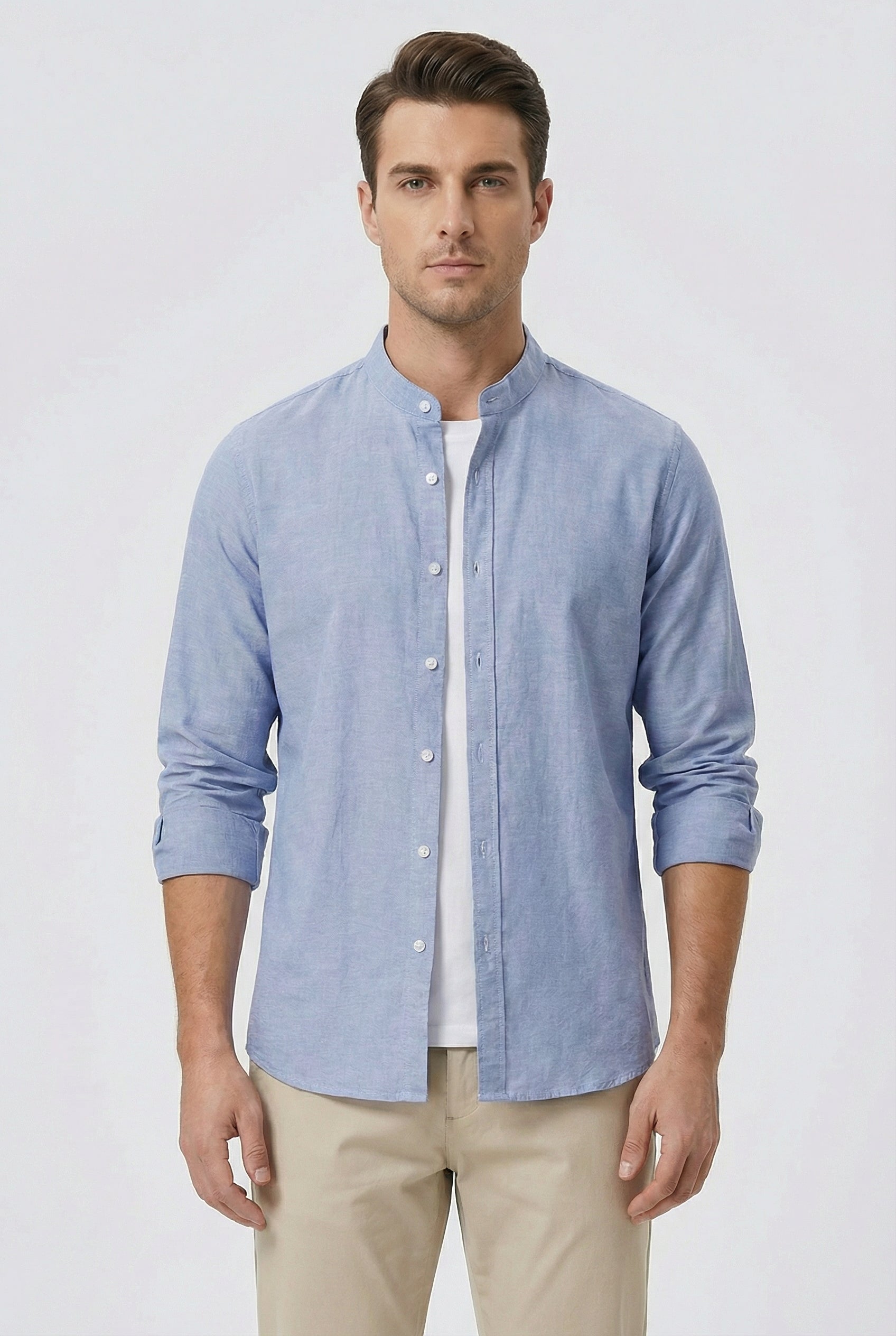 Camisa Hombre Lino Ligera Cuello Mao Ajuste Relajado Cierre Botones 0