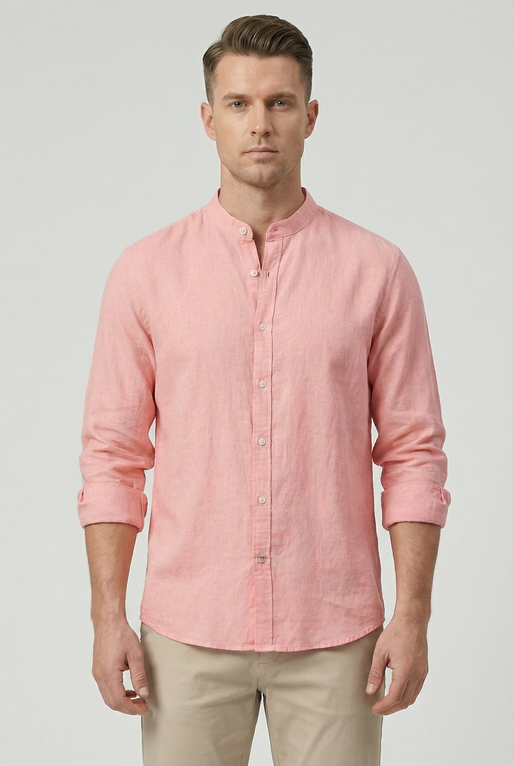 Camisa Hombre Lino Ligera Cuello Mao Ajuste Relajado Cierre Botones 9