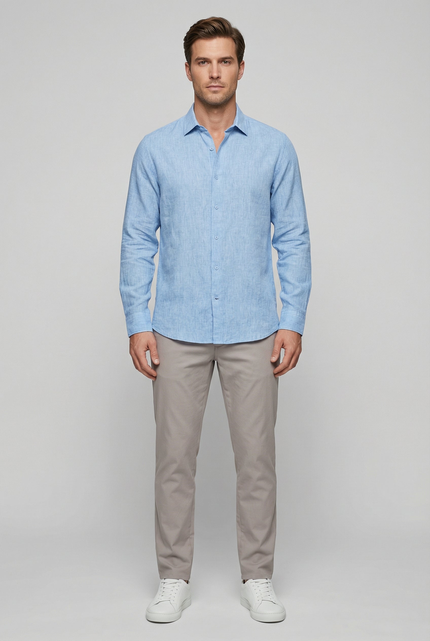 Camisa Hombre Lino Mezcla Manga Larga Casual Versátil 4