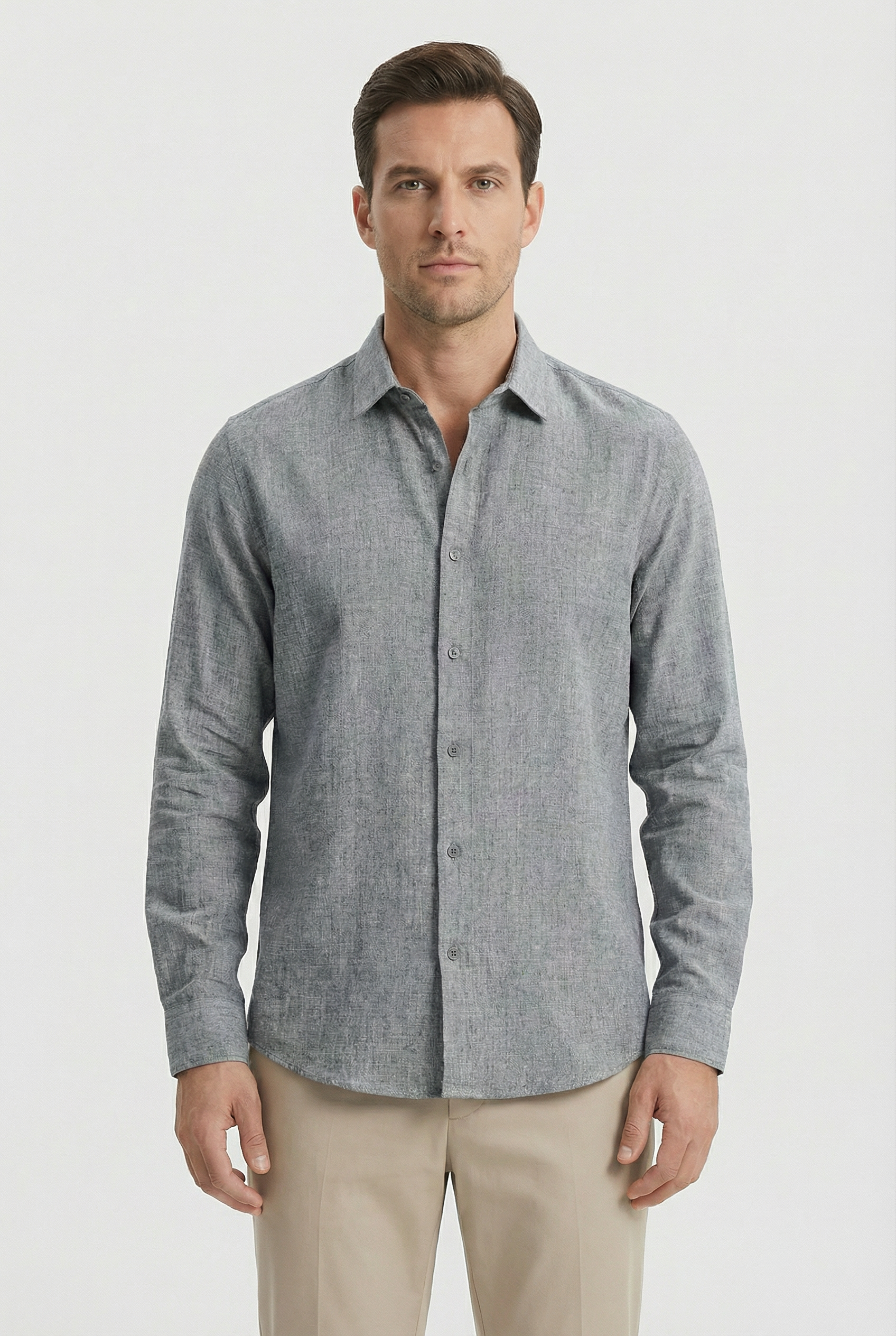 Camisa Hombre Lino Mezcla Manga Larga Casual Versátil 5