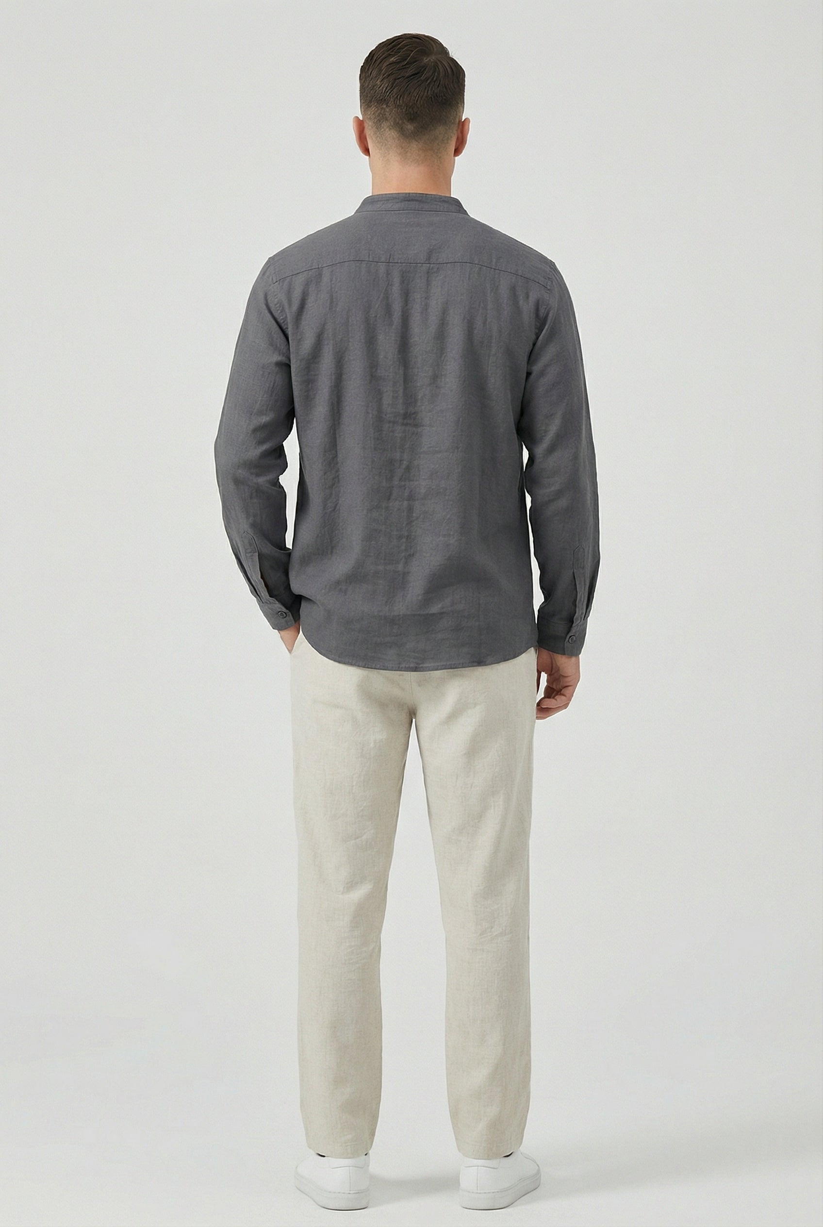 Camisa Hombre Lino Transpirable Cuello Mandarín Ajuste Relajado 3