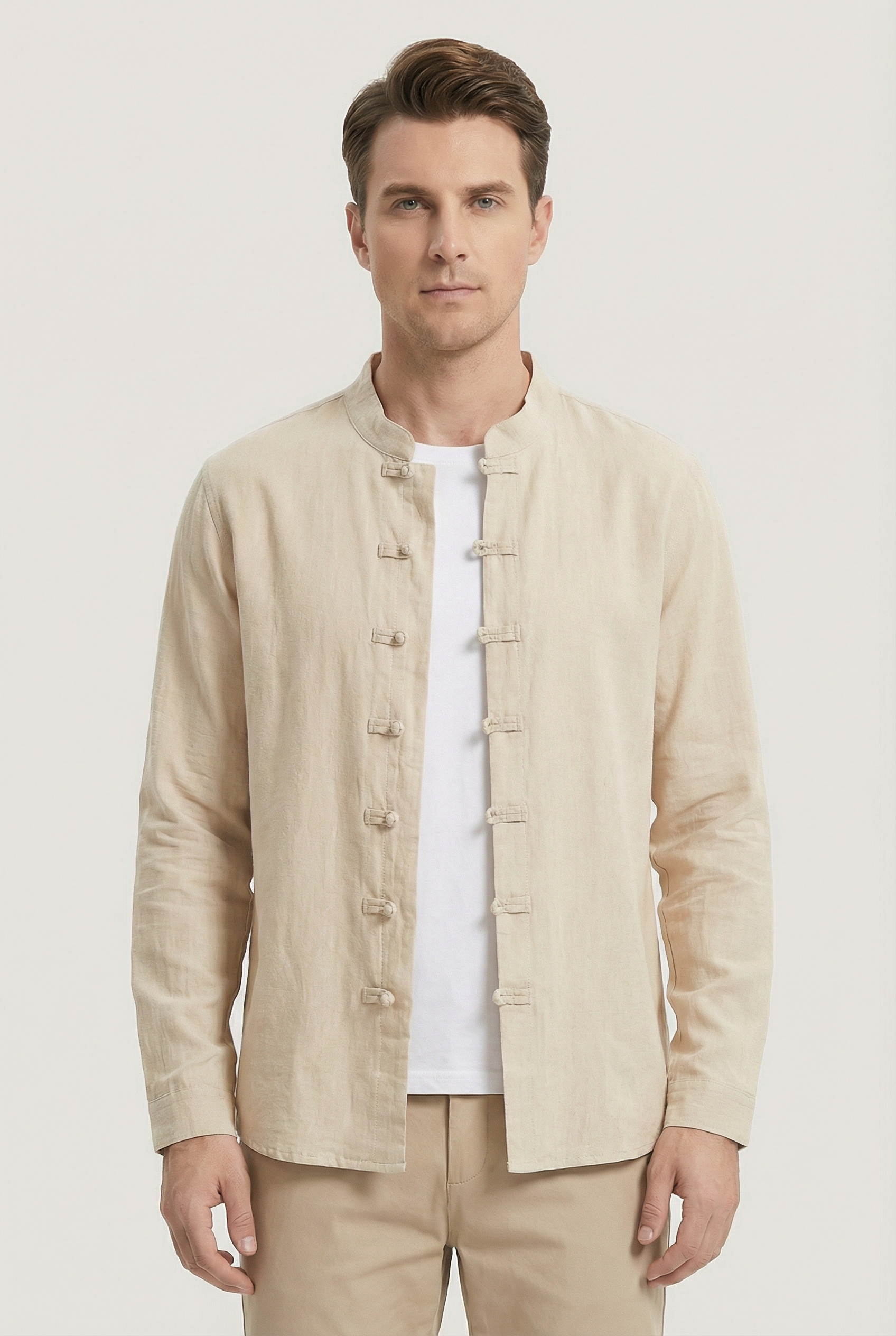 Camisa Hombre Lino Transpirable Cuello Mandarín Ajuste Relajado 4