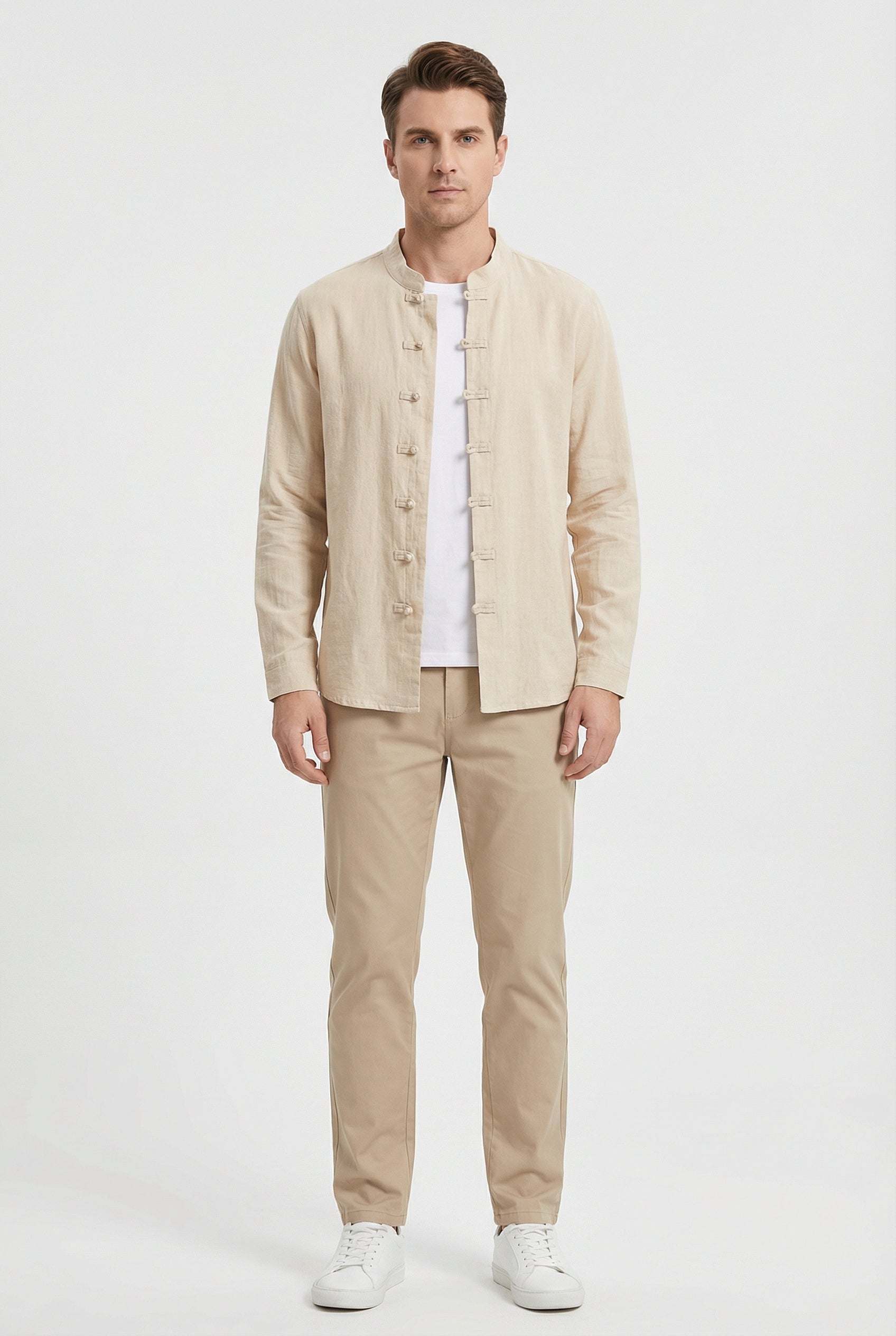 Camisa Hombre Lino Transpirable Cuello Mandarín Ajuste Relajado 5