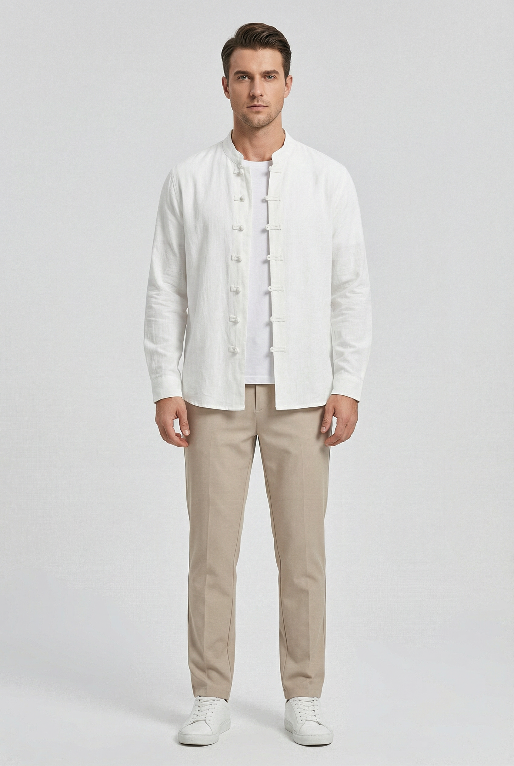 Camisa Hombre Lino Transpirable Cuello Mandarín Ajuste Relajado 7