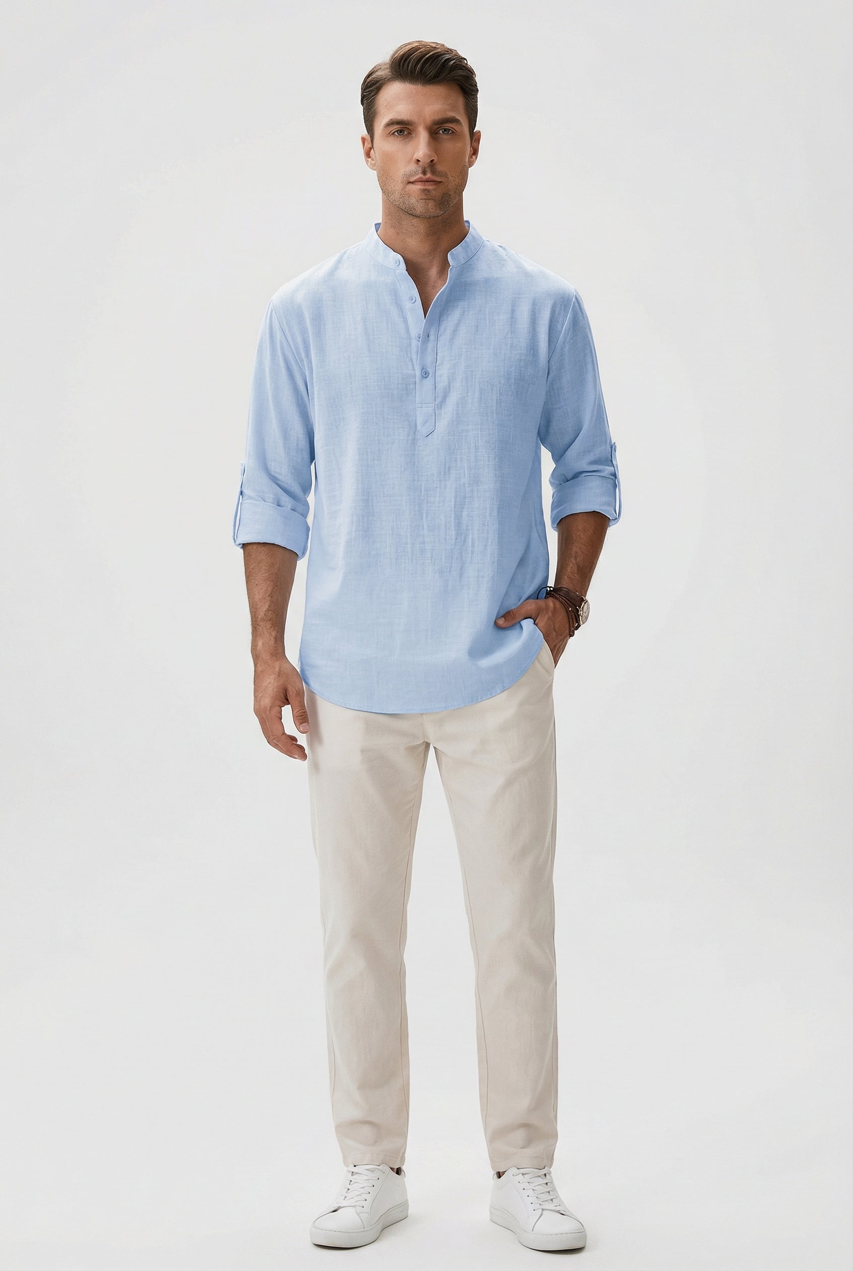 Camisa Hombre Lino Transpirable Mangas Remangadas Estilo Casual 4