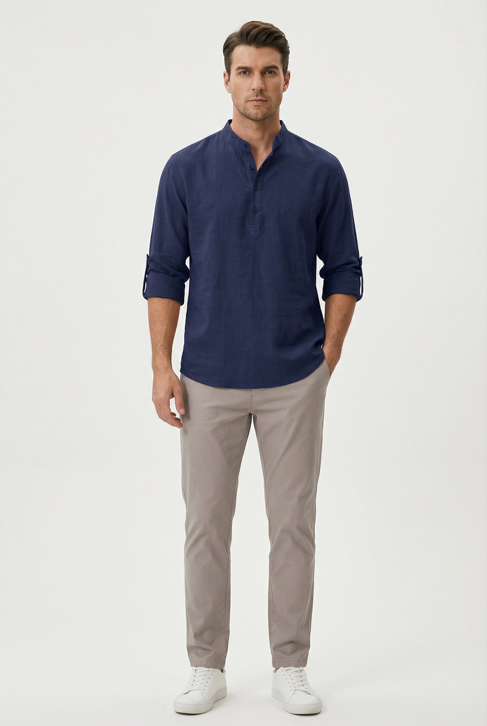 Camisa Hombre Lino Transpirable Mangas Remangadas Estilo Casual 6
