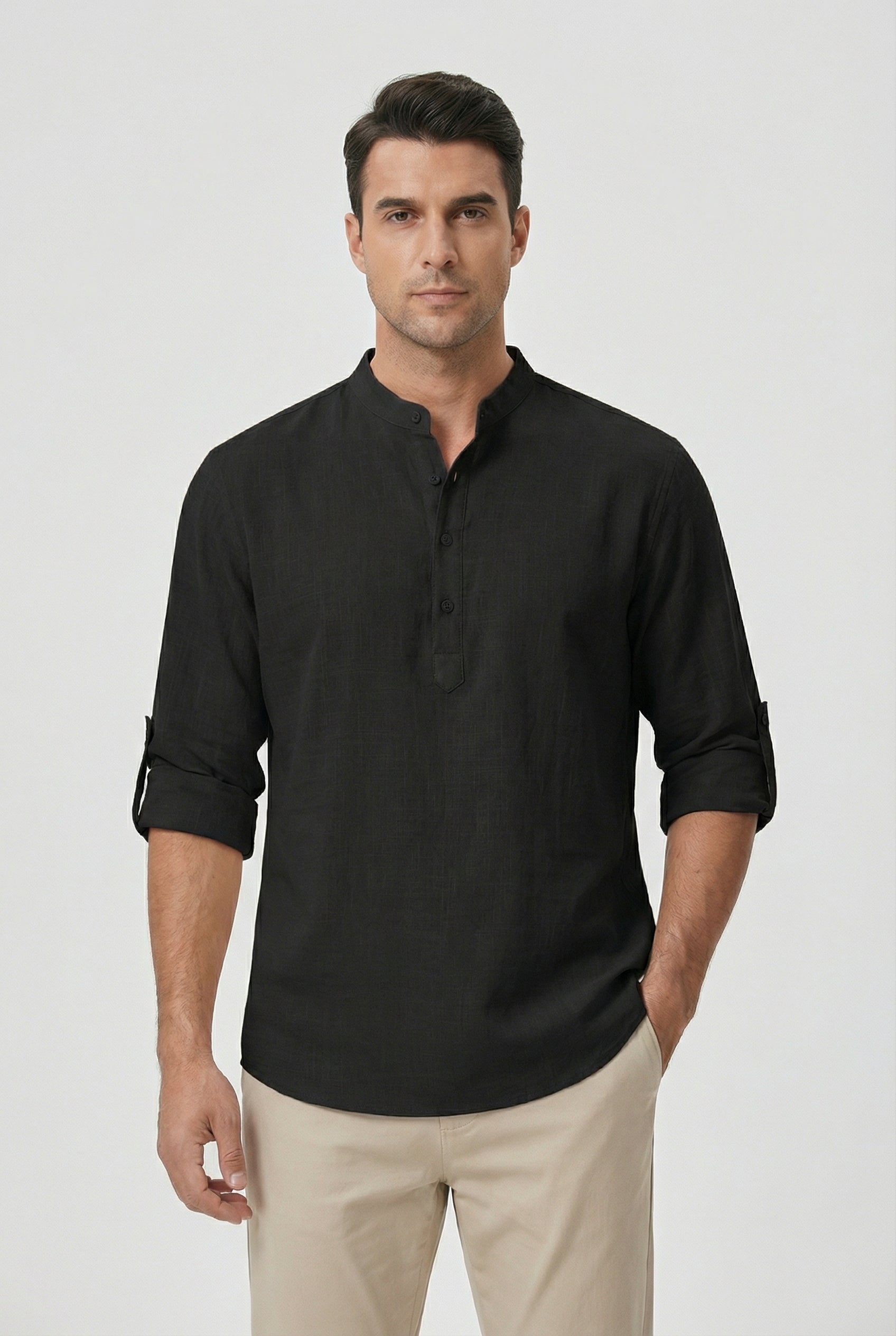 Camisa Hombre Lino Transpirable Mangas Remangadas Estilo Casual 9