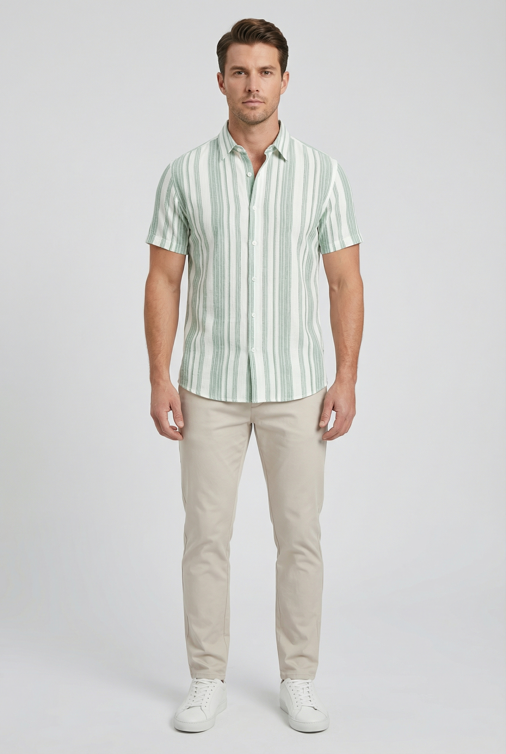 Camisa Hombre Manga Corta Algodón Estampado Digital 3D Rayas 2