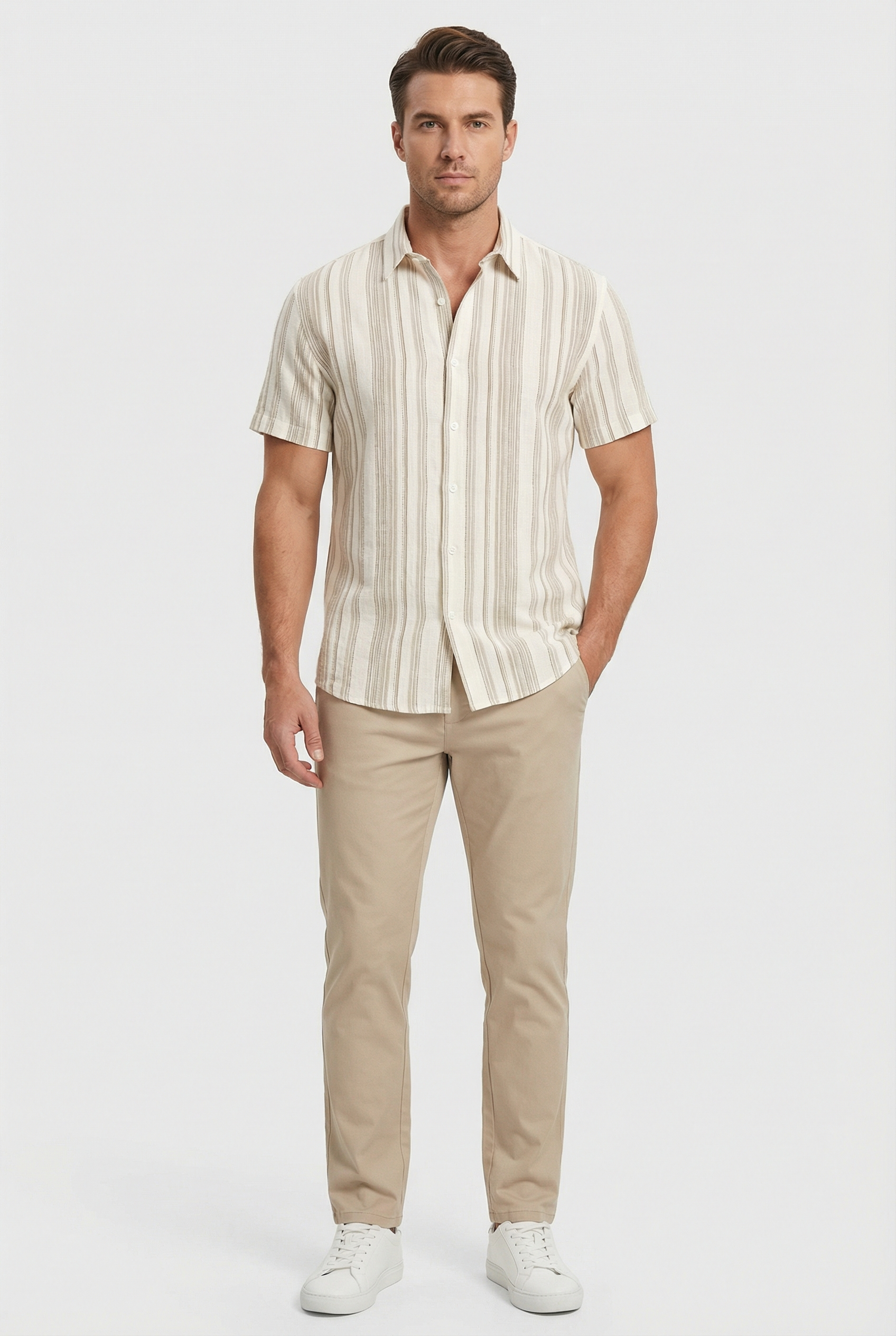 Camisa Hombre Manga Corta Algodón Estampado Digital 3D Rayas 5