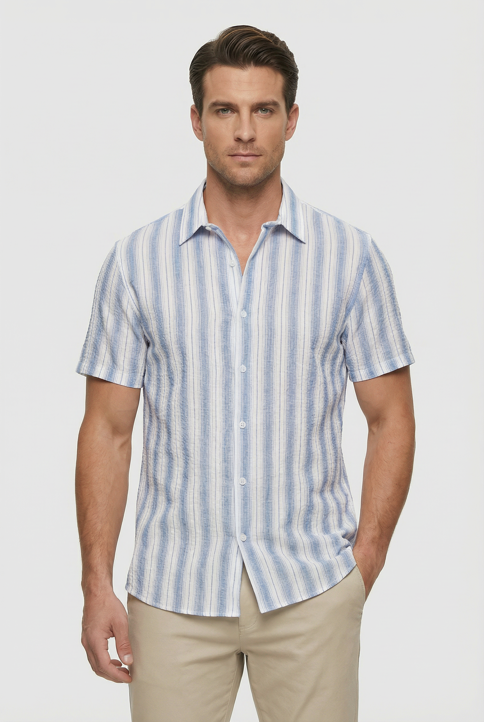 Camisa Hombre Manga Corta Algodón Estampado Digital 3D Rayas 6