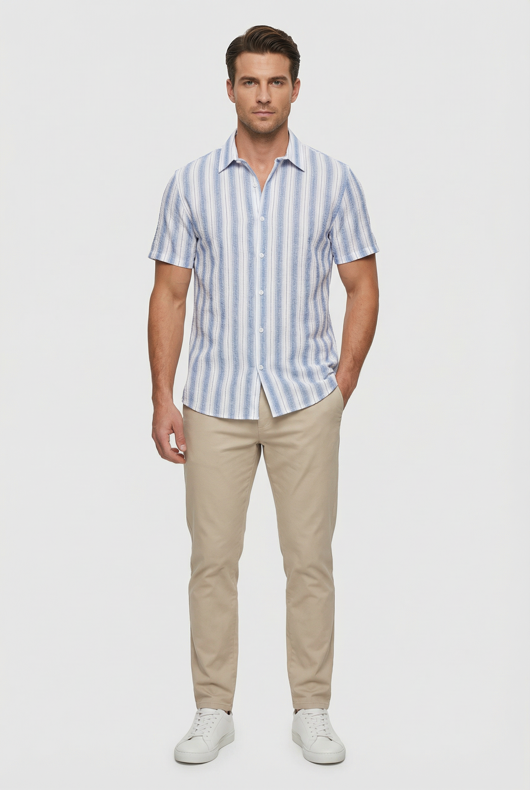 Camisa Hombre Manga Corta Algodón Estampado Digital 3D Rayas 7