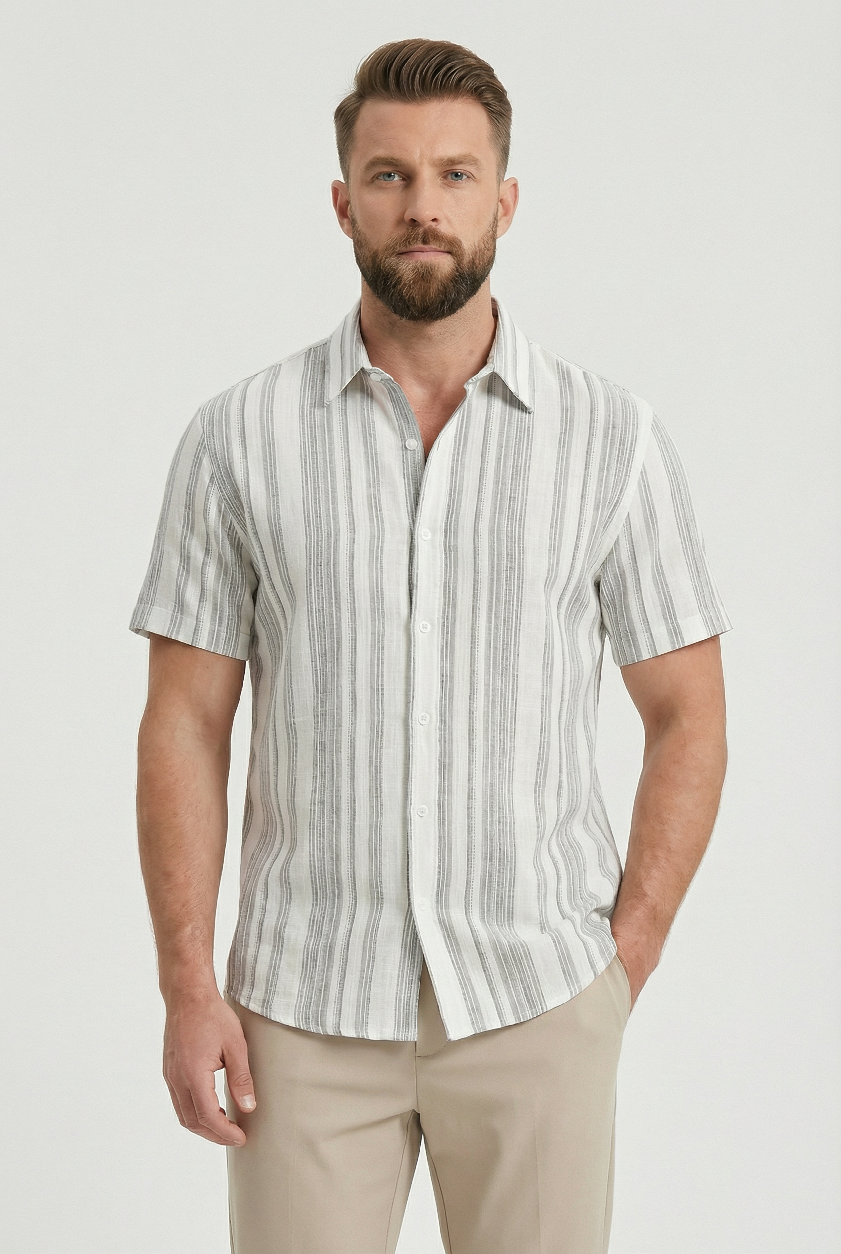 Camisa Hombre Manga Corta Algodón Estampado Digital 3D Rayas 9