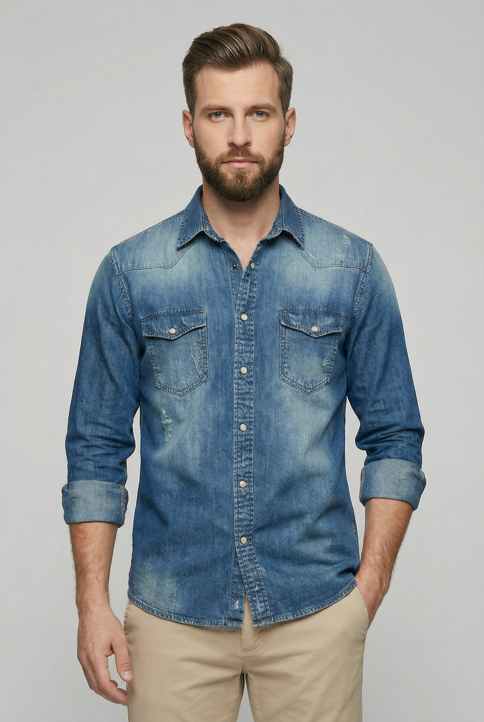 Camisa Hombre Slim Fit Mezcla Algodón Denim Estilo Casual 4