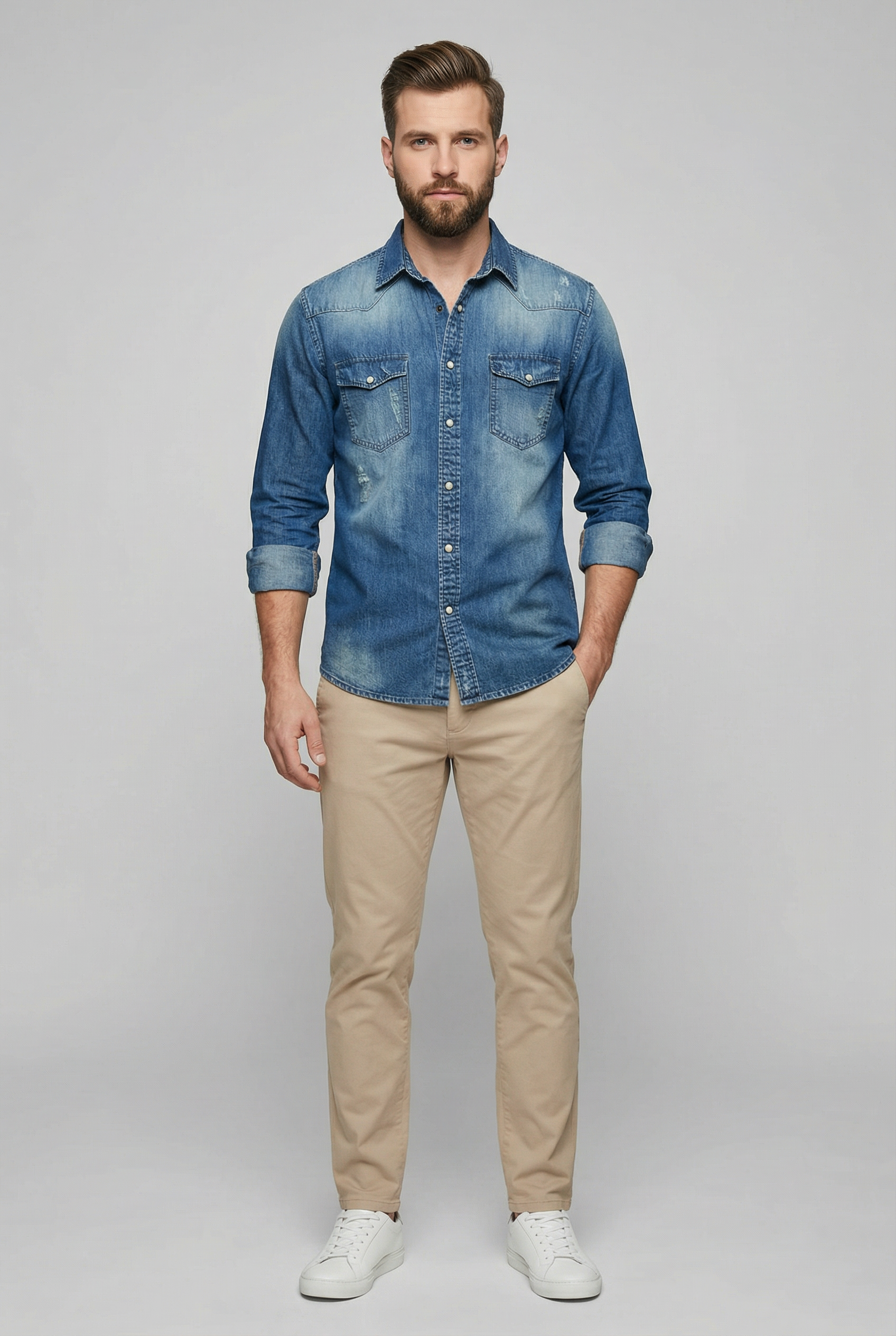 Camisa Hombre Slim Fit Mezcla Algodón Denim Estilo Casual 5