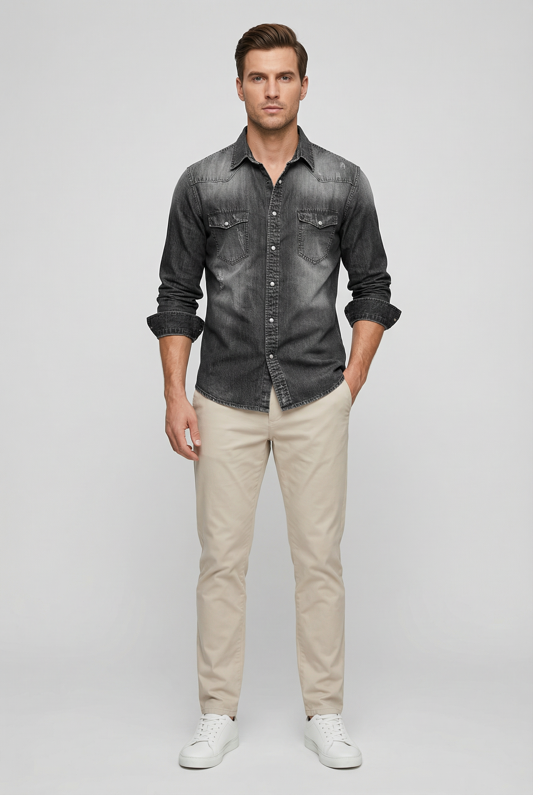 Camisa Hombre Slim Fit Mezcla Algodón Denim Estilo Casual 7