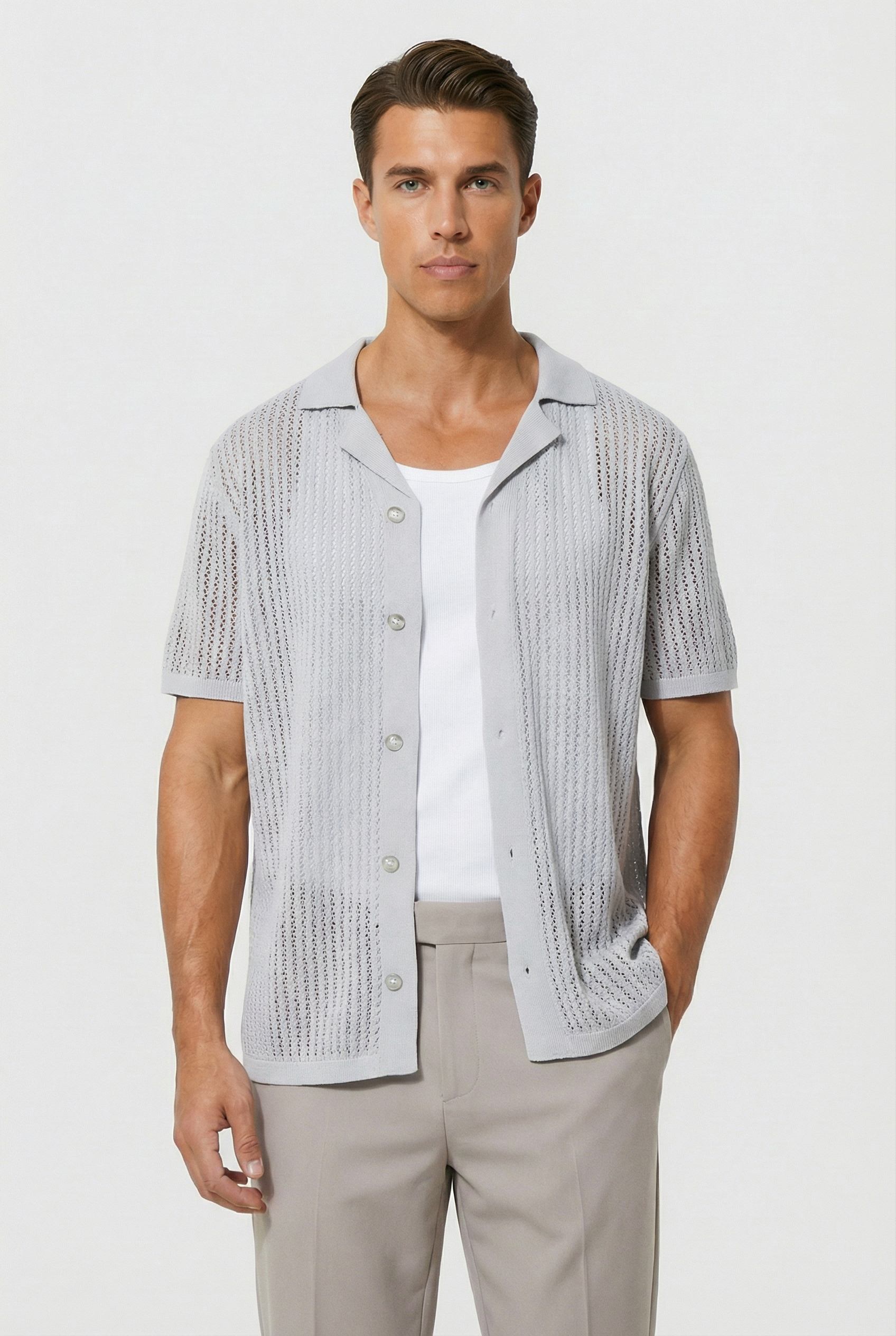 Camisa Hombre Tejido Crochet Ligero Diseño Casual Ajuste Relajado 0