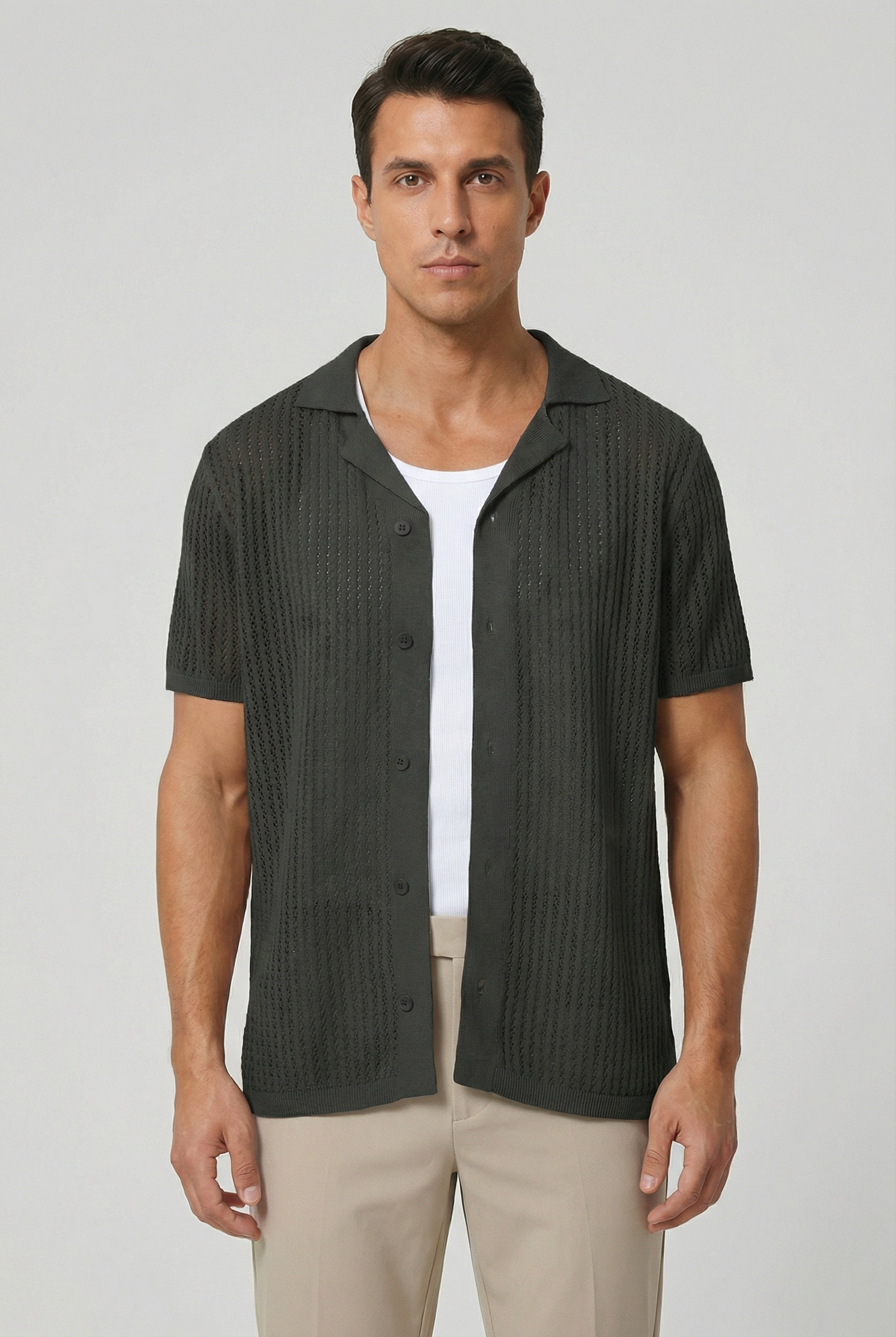 Camisa Hombre Tejido Crochet Ligero Diseño Casual Ajuste Relajado 4