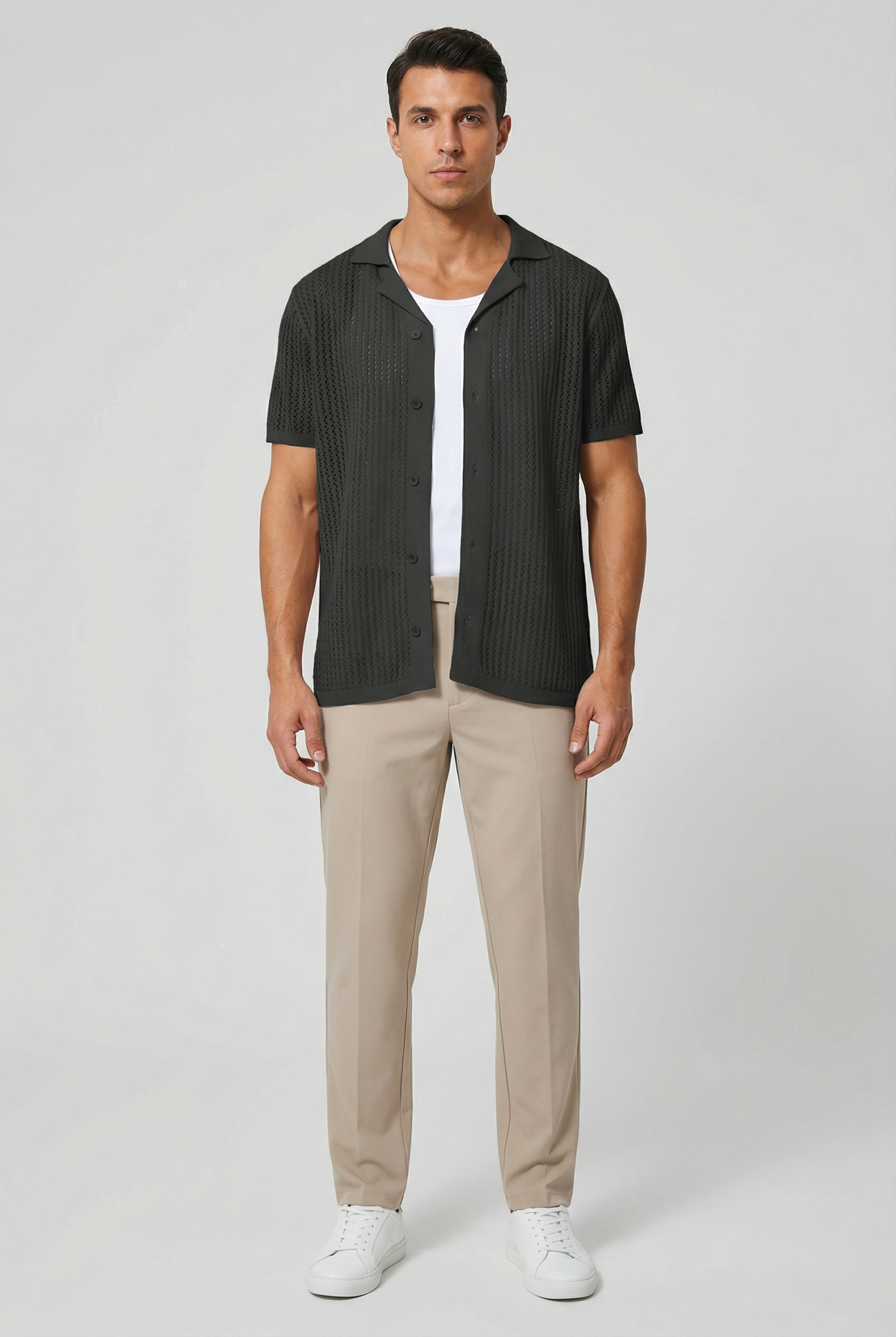 Camisa Hombre Tejido Crochet Ligero Diseño Casual Ajuste Relajado 5