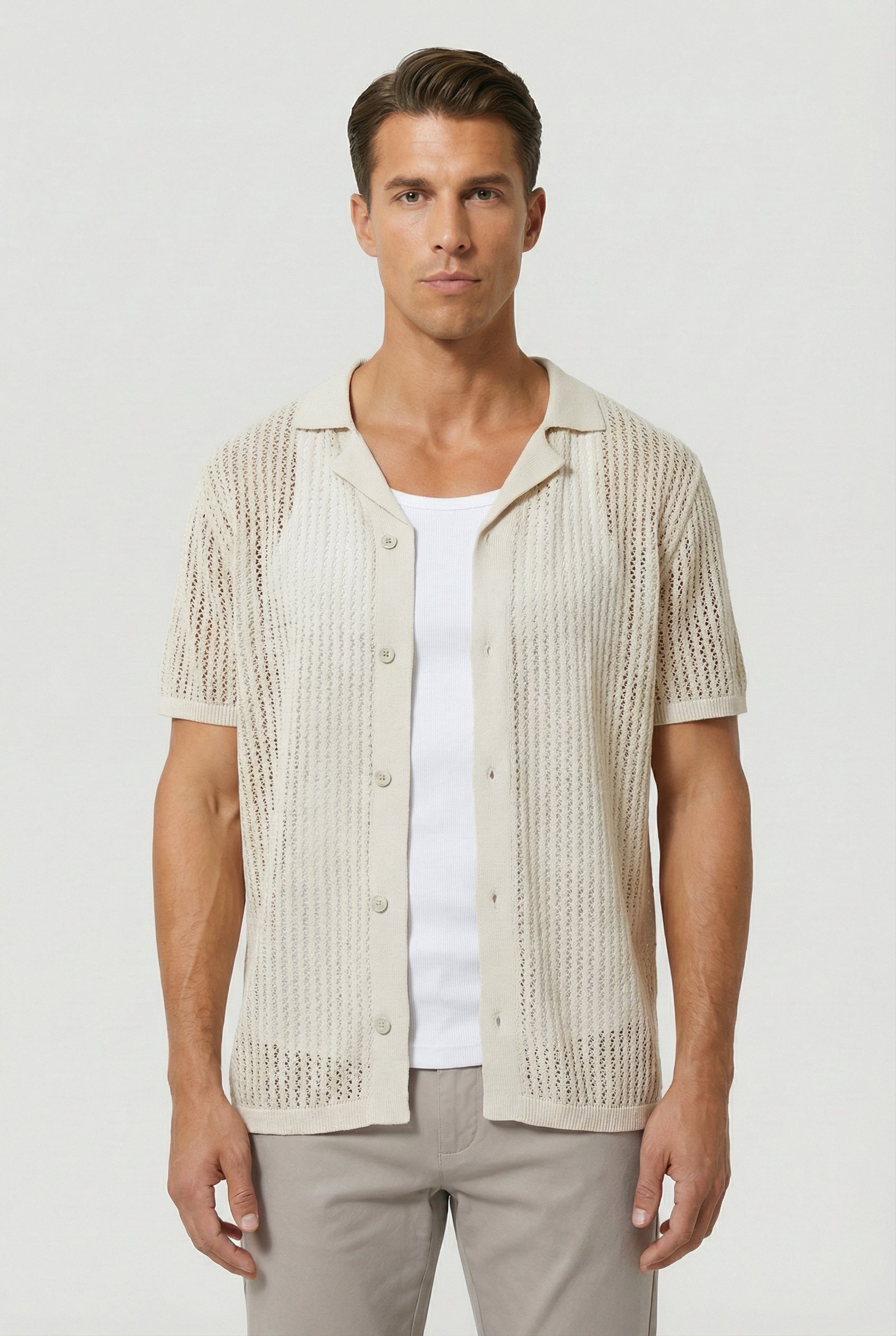 Camisa Hombre Tejido Crochet Ligero Diseño Casual Ajuste Relajado 8