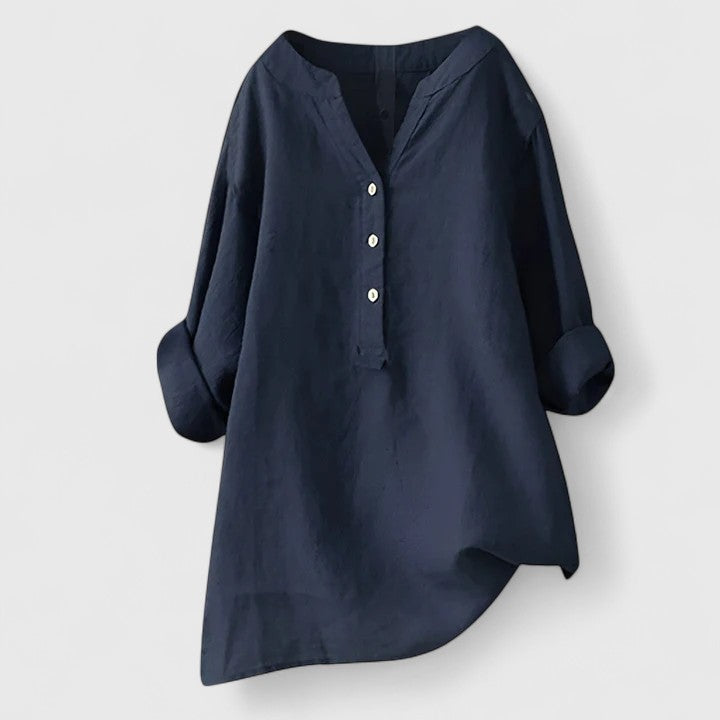 Camisa Mujer Algodón Elegante Diseño Muesca en V Mangas Enrolladas 10