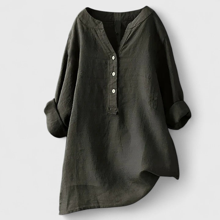 Camisa Mujer Algodón Elegante Diseño Muesca en V Mangas Enrolladas 3