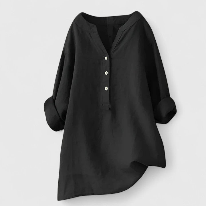 Camisa Mujer Algodón Elegante Diseño Muesca en V Mangas Enrolladas 4