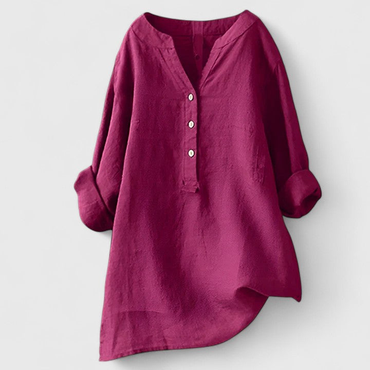 Camisa Mujer Algodón Elegante Diseño Muesca en V Mangas Enrolladas 5