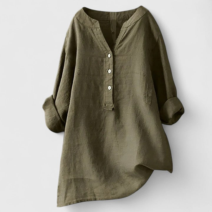 Camisa Mujer Algodón Elegante Diseño Muesca en V Mangas Enrolladas 7