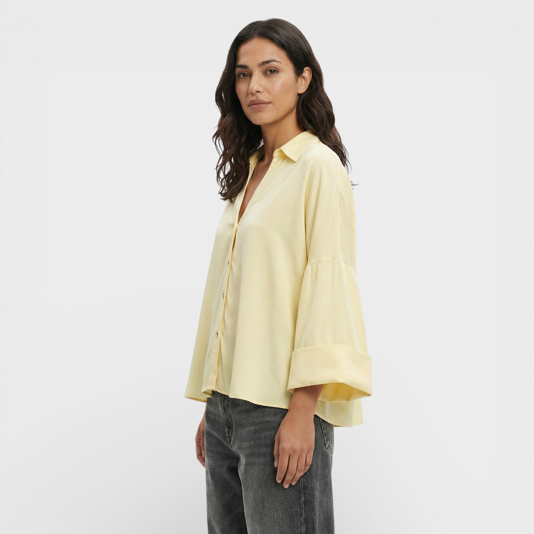 Camisa Mujer Fluida de Manga Ancha Cuello Johnny Asimétrico Casual 1
