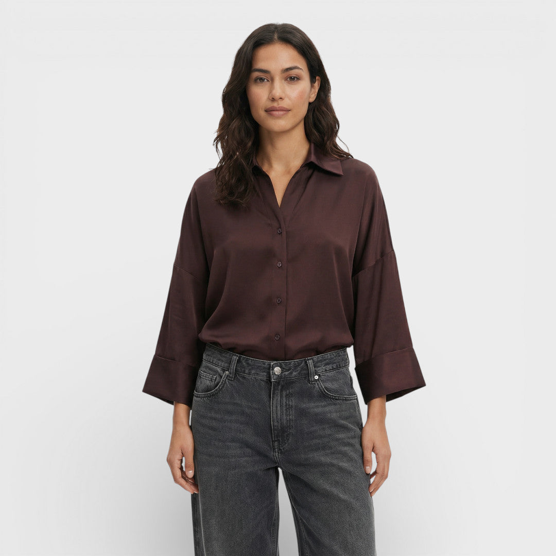 Camisa Mujer Fluida de Manga Ancha Cuello Johnny Asimétrico Casual 3