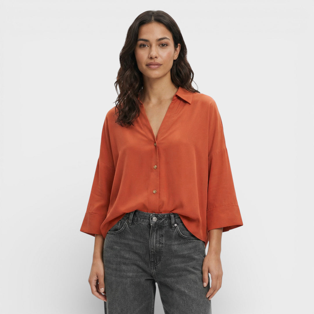 Camisa Mujer Fluida de Manga Ancha Cuello Johnny Asimétrico Casual 6