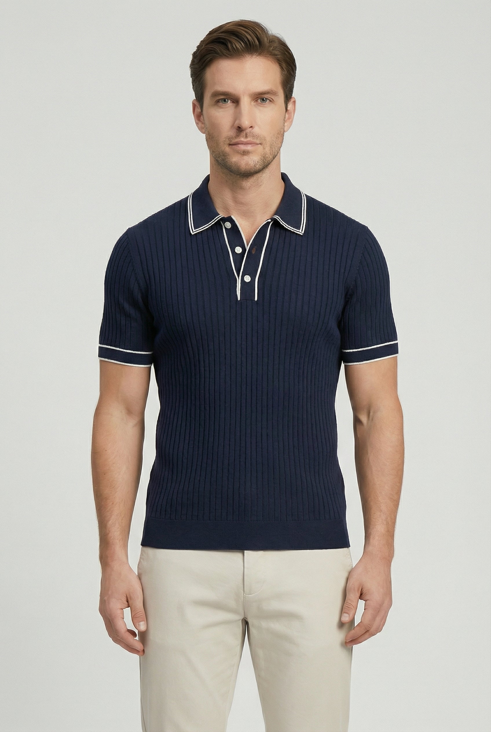 Camisa Polo Hombre Tejido de Canalé Entallado Cuello y Ribetes en Contraste 0