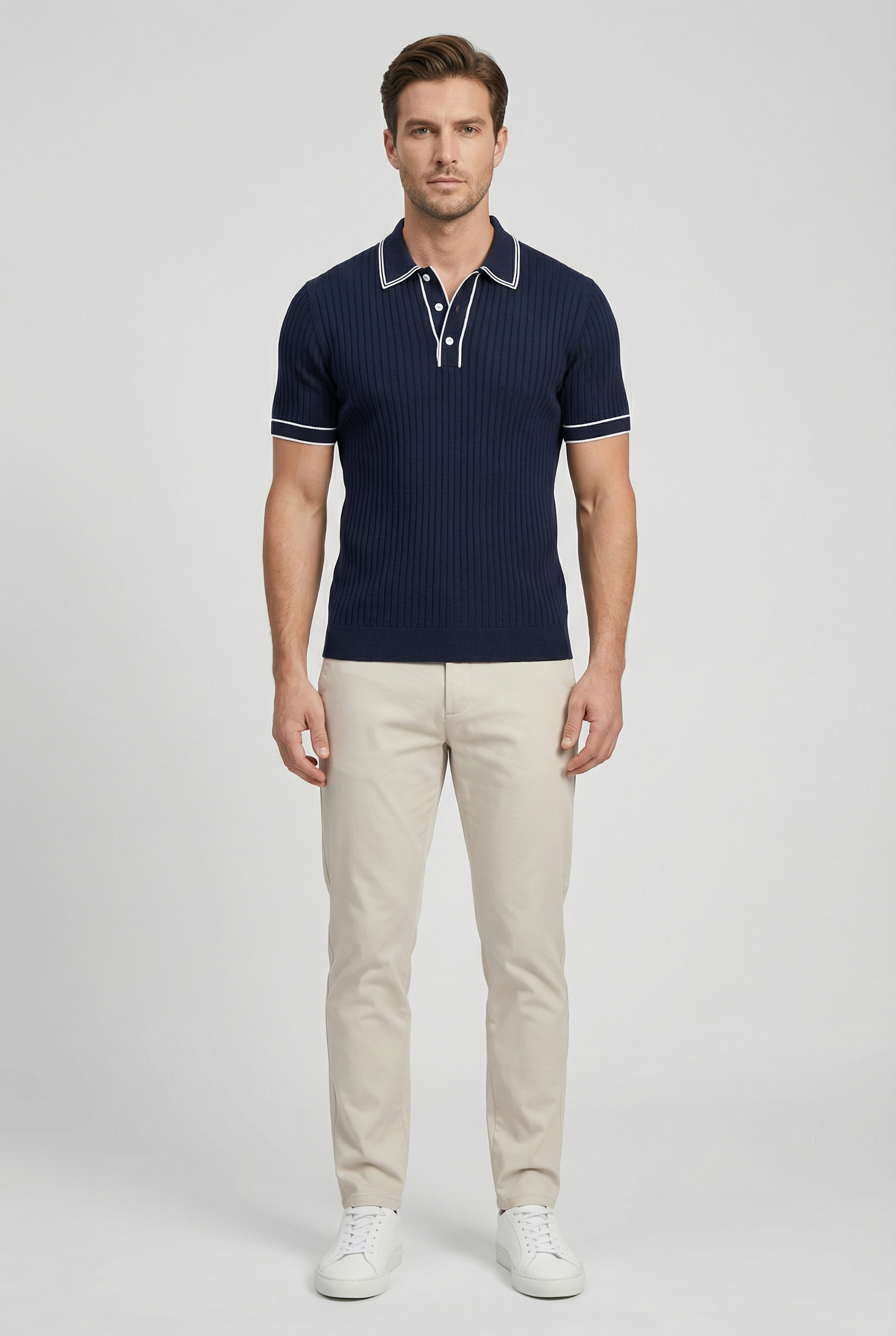 Camisa Polo Hombre Tejido de Canalé Entallado Cuello y Ribetes en Contraste 2