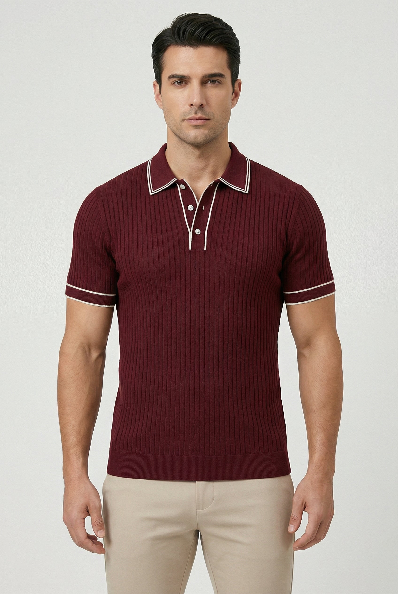 Camisa Polo Hombre Tejido de Canalé Entallado Cuello y Ribetes en Contraste 4