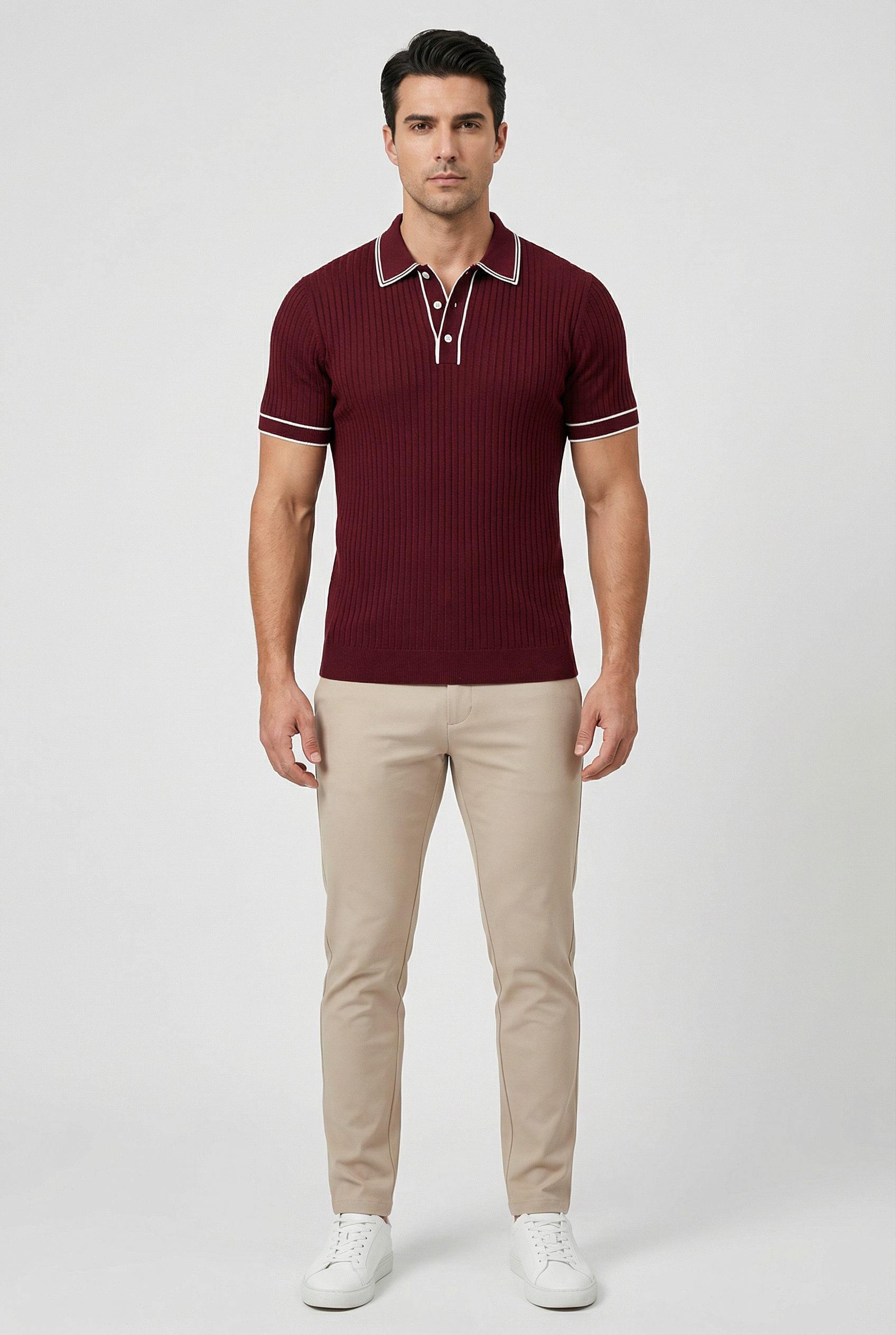 Camisa Polo Hombre Tejido de Canalé Entallado Cuello y Ribetes en Contraste 5